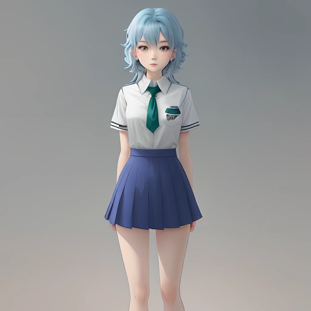 Anime girl with a meduim size chest and a rounded behind. Have her in a grey school uniform with a bluish green skirt and blue hair. Have her eyes also be a blue color