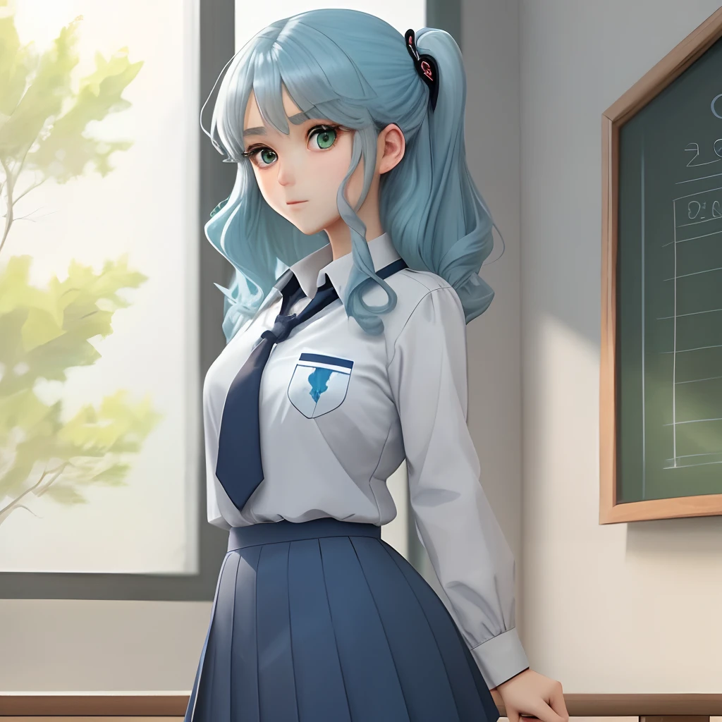 Anime girl with a meduim size chest and a rounded behind. Have her in a grey school uniform with a bluish green skirt and blue hair. Have her eyes also be a blue color