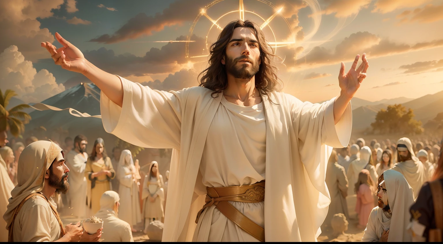 Nesta cena, Jesus is portrayed in heaven, irradiando divindade e serenidade. The atmosphere is ethereal, com suaves raios de luz iluminando os arredores. The composition is carefully framed, capturando Jesus no centro, surrounded by a paradisiacal setting. The camera zooms in to capture all the intricate details, showing the divine characteristics and expression of Jesus. His eyes reflect compassion and wisdom, enquanto seu sorriso sereno exala paz e amor. Dramatic lighting increases the depth and mood of the scene, creating a sense of wonder and reverence. The image is captured with an ultra-detailed camera, garantindo que cada nuance e textura seja fielmente reproduzida. Resolution is set to 8K, proporcionando clareza e realismo impressionantes. Photorealistic rendering brings Jesus to life, Capture the essence of your presence in a tangible and compelling way. The ratio is set to 4:3, allowing a balanced and classic composition. The version used is Midjourney 5.2, Leveraging the latest advances in imaging technology. Camera settings are set to automatic, optimizing exposure and focus to capture the scene in its utmost beauty. No geral, the scene depicts Jesus in all his glory, conveying a sense of divine presence and peace. The combination of ultra-detailed photography, Dramatic lighting and high-resolution rendering create a visually stunning and emotionally resonant depiction of Jesus in heaven.