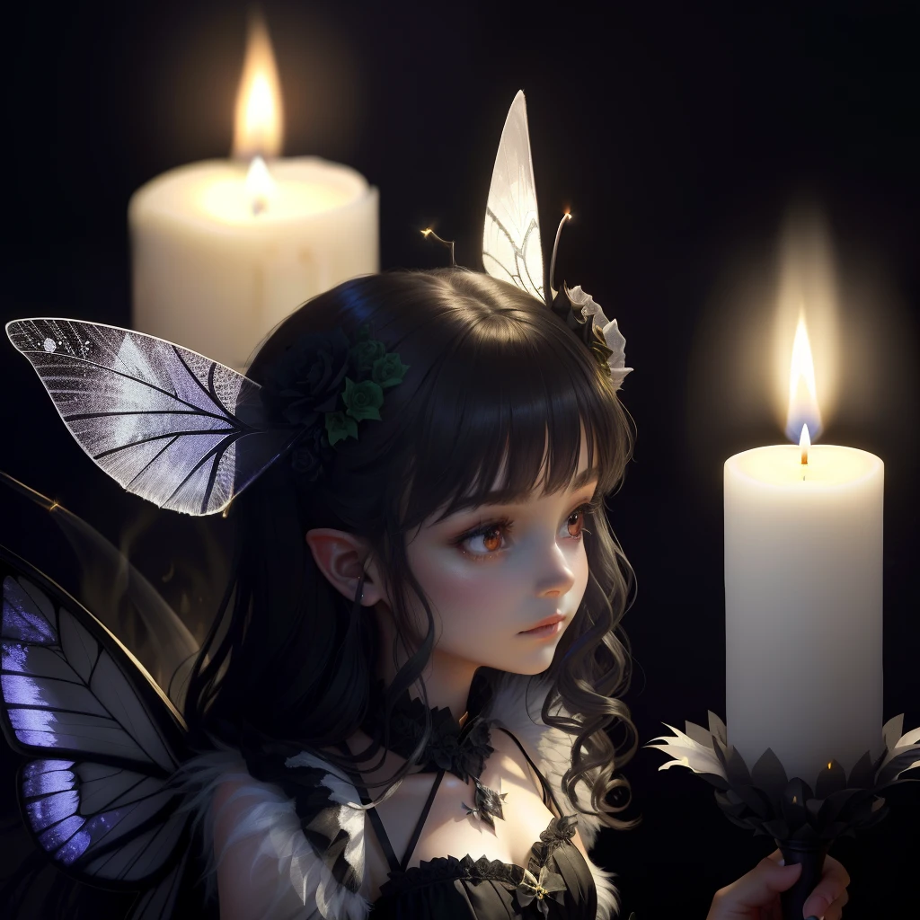 Spooky fairies with fuzzy moth wings flying around the flame of a black candle looking mesmerized
