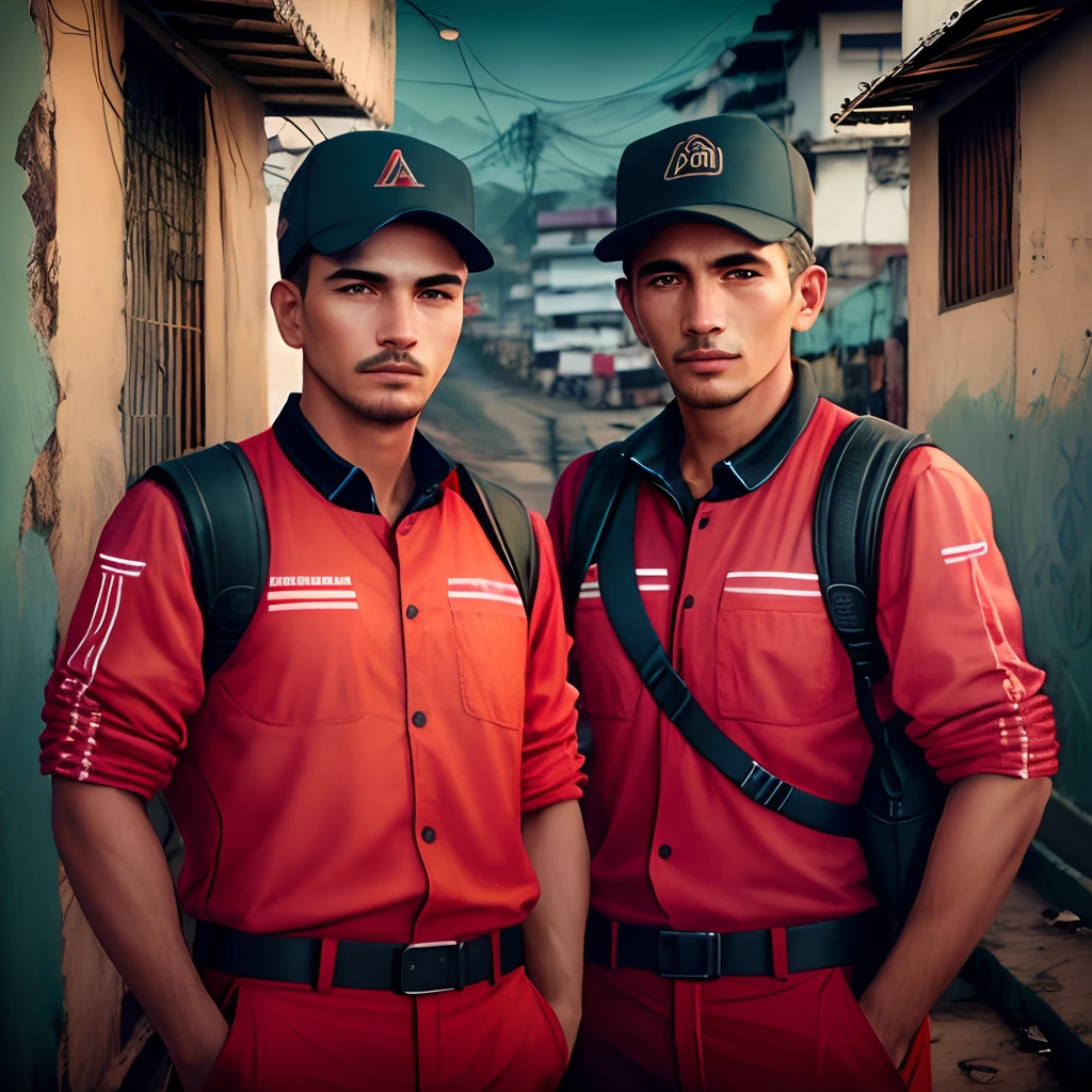 Two men in a red outfit in a favela, ein Gewehr in der Hand halten, (Extremely detailed face and body), Lebendige Farben, (portrait), roter Farbton, Dramatische Beleuchtung, (best quality, Ultra-detailliert, hight resolution), realistisch