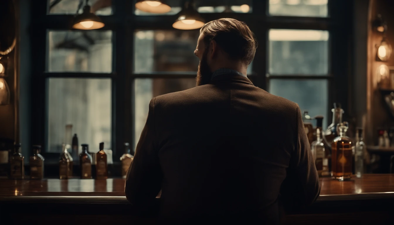 Bearded man, looking at the sky trough the window, barber shop, image from back, vintage style, jazz blues, whisky, guitar, piano, bottles