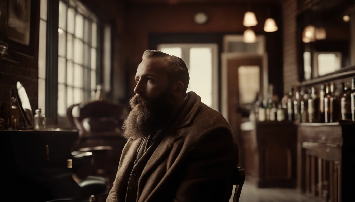Bearded man, looking at the sky trough the window, barber shop, image from back, vintage style, jazz blues, whisky, guitar, piano, bottles