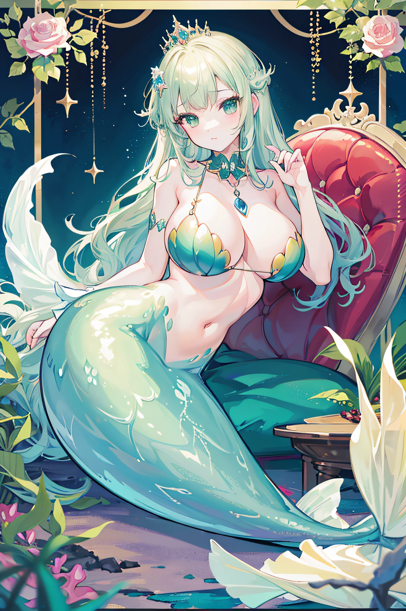 4k,hight resolution,One Woman,a blond,Longhaire,mermaid,Green scales,huge tit,Little Mermaid,Seashell bra,Princess Tiara,Pearl decoration,jewel decorations,Undersea background,under the water