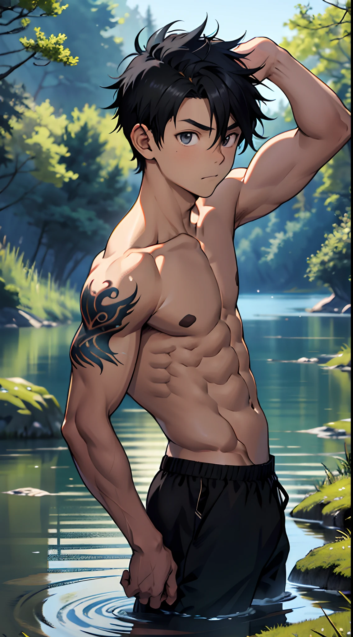 masutepiece, Best Quality),The whole body of the boy,(e boy),teenager face,posterior view,Body tilt,delicate big eyes,Open your eyes,,smooth and delicate skin,Short square face,Surprised expression,infancy,young age,short round face,Flat chin,finely detaild face,well-muscled,short bright black hair,with an intricate,nakeness,(backbone:1.2),the night,vivd colour,(depth of fields:1.2),Boy in the lake,Raised sexy,lake in the forest,with tattoo