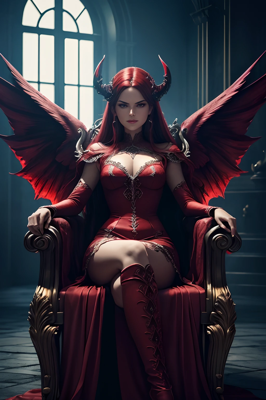 Ultra Detailed Red Body Like Satan on the Throne of Hell, ela-diabo, Vestido preto e vermelho sexy, demon wings, demon horn, olhos realistas detalhados, Context of the chaos of hell and destruction, Evil Queen, staring directly at camera, Smiling with satisfaction, unhas pretas compridas, Shaded illustration of a high quality cell in hell, corpo inteiro, dynamic installation, anatomia perfeita, Centrado, liberdade, alma, Approach to perfection, cell-shading, 8k , cinematic dramatic atmosphere, pintura em aquarela, global ilumination, ambiente detalhado e intrincado, art-station, arte conceitual, smooth and sharp focus, volumeric lighting, kinematic lighting ,imagem de corpo inteiro