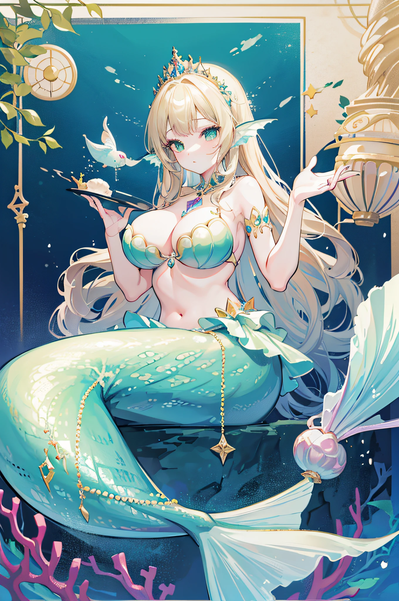 4k,hight resolution,One Woman,a blond,Longhaire,mermaid,Green scales,huge tit,Little Mermaid,Seashell bra,Princess Tiara,Pearl decoration,jewel decorations,Undersea background,under the water