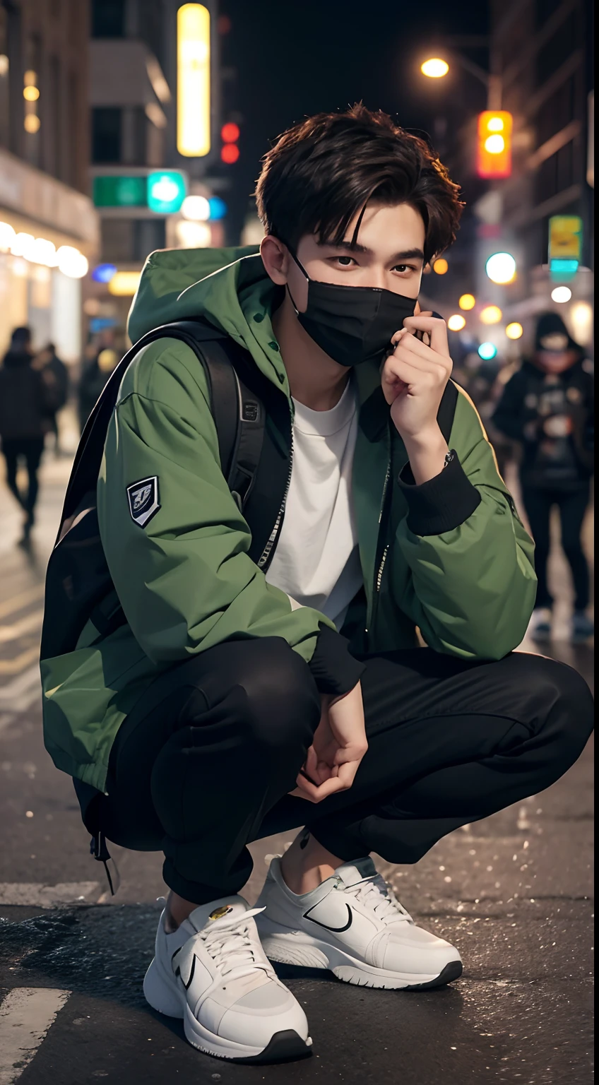 18 year old man, he is wearing a green jacket, he is wearing black trousers, he is wearing white sneakers, he is wearing a mask, he is carrying a backpack, he is sitting in a YouTuber's chair in front of a computer on, LED lights, very realistic, very detailed