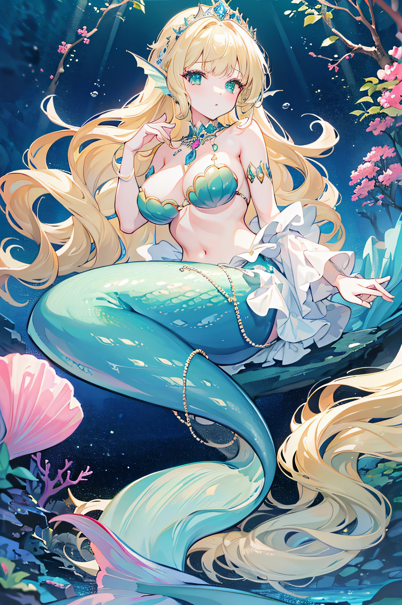 4k,hight resolution,One Woman,a blond,Longhaire,mermaid,Green scales,huge tit,Little Mermaid,Seashell bra,Princess Tiara,Pearl decoration,jewel decorations,Undersea background,under the water