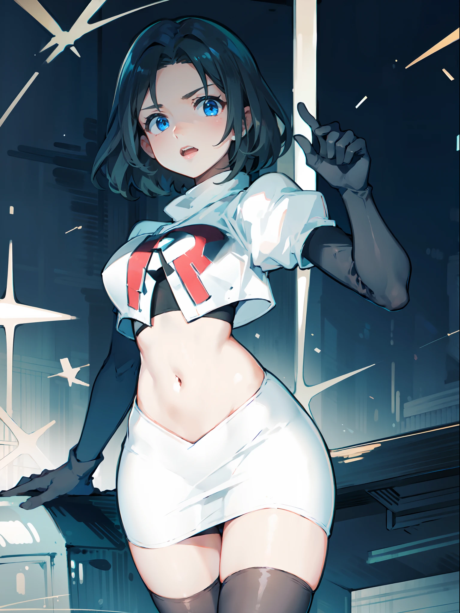 1girl,team rocket,team rocket uniform,white skirt,crop top,black thigh-highs,black elbow gloves,