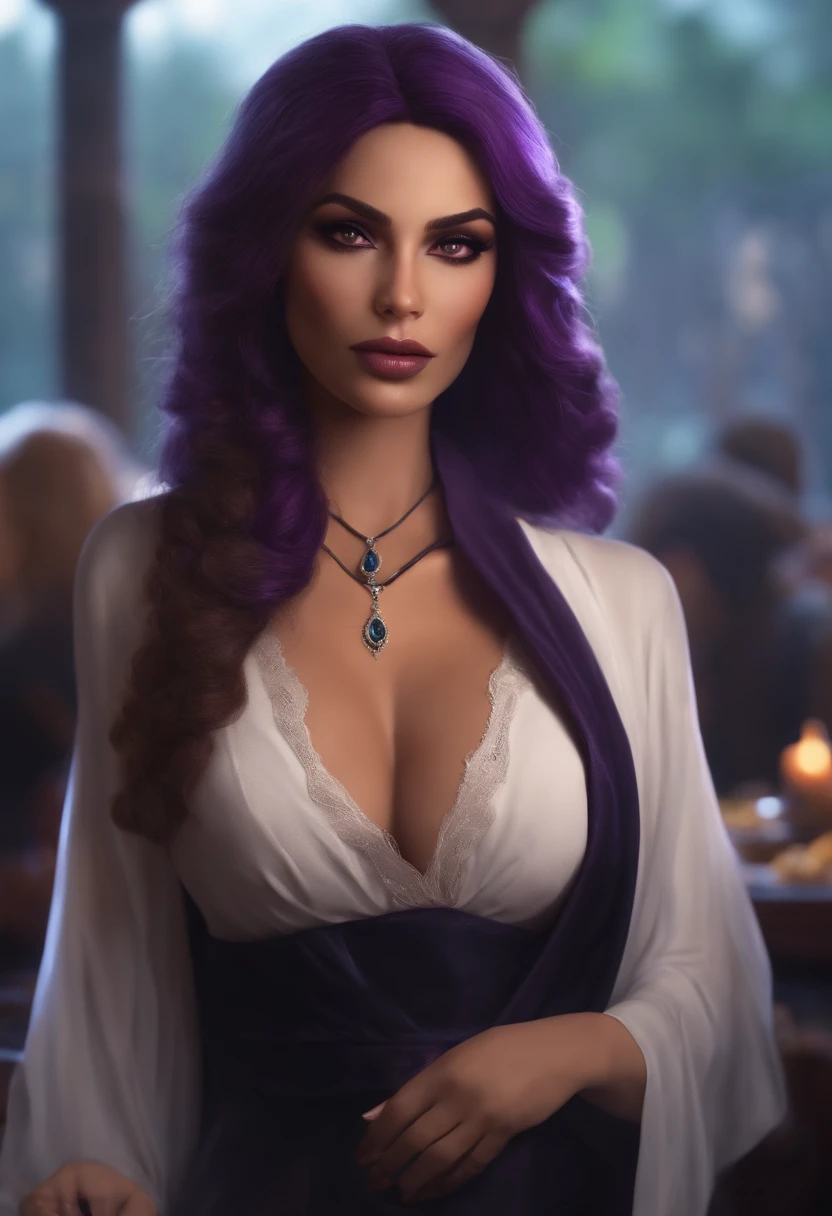 mulher bruxa bonita, com cabelo preto curto, Purple eyes, busto grande, vestiu roupas de bruxa, sentado em uma taverna sorrindo, Realistic, Full HD, best quality, anime
