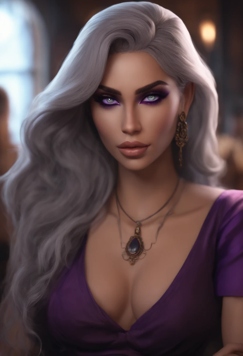 mulher bruxa bonita, com cabelo preto curto, Purple eyes, busto grande, vestiu roupas de bruxa, sentado em uma taverna sorrindo, Realistic, Full HD, best quality, anime