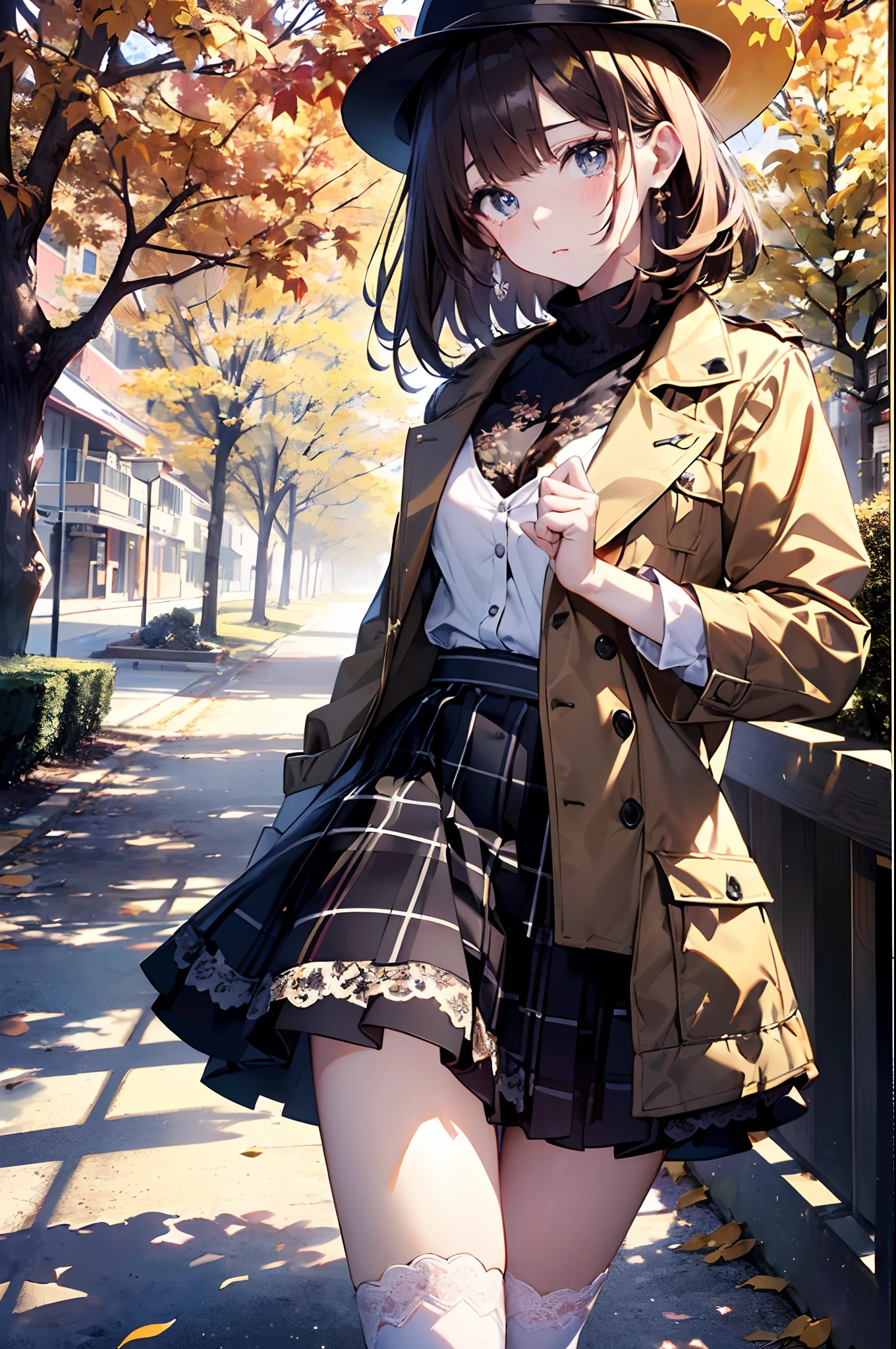 (top-quality、in 8K、32K、masterpiece、nffsw、超A high resolution、Impresionismo、Photorealsitic:1.2)、cowboy shot、foco nítido、detailed faces and eyes、(Man Walking Down a Tree-Lined Avenue々Group of, october, during autumn, in autumn, Golden Autumn, golden leaves, autumn season, trending photo, november, autum, beautiful image, beautiful aesthetic, Autumn, autumn season, beautiful day, in autumn, !!Beautiful!!)、Sharp pupils、Realistic pupils、beauitful face、18 year old beautiful girl、shinny skin、Bery short hair、Beautiful dark brown hair、Blunt bangs、Dark blue eyes、Plaid Kamist、Black stockings、long boots、Hats、(Have a skirt、Lifting skirt、White lace panties visible:1.4)、(I'm in a hurry、Teary-eyed、Embarrassed look:1.2)、