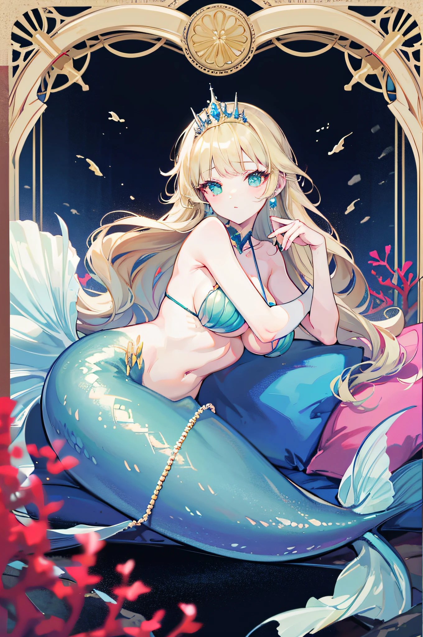 4k,hight resolution,One Woman,a blond,Longhaire,mermaid,Green scales,huge tit,Little Mermaid,Seashell bra,Princess Tiara,Pearl decoration,jewel decorations,Undersea background,under the water