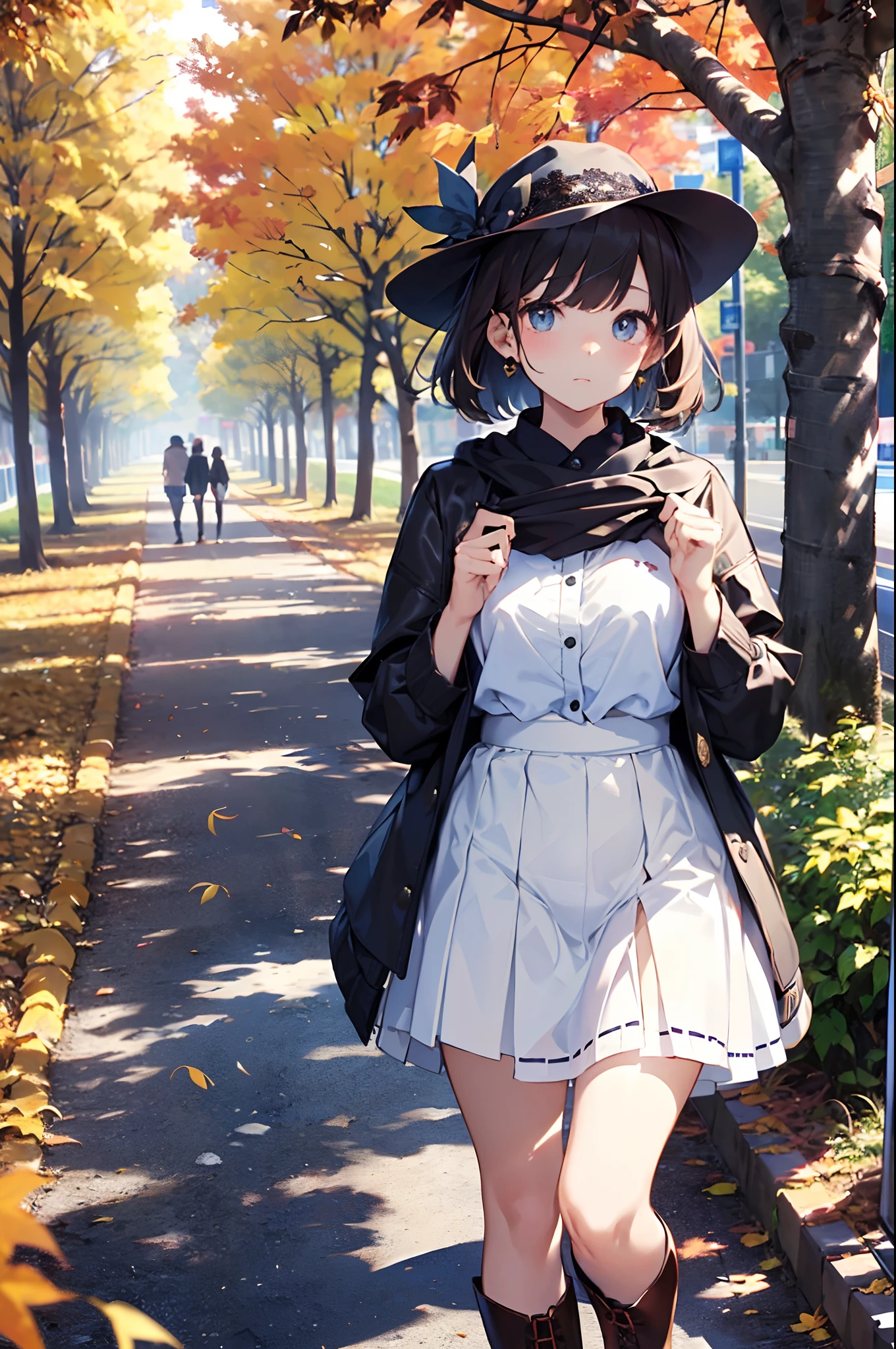 (top-quality、in 8K、32K、masterpiece、nffsw、超A high resolution、Impresionismo、Photorealsitic:1.2)、cowboy shot、foco nítido、detailed faces and eyes、(Man Walking Down a Tree-Lined Avenue々Group of, october, during autumn, in autumn, Golden Autumn, golden leaves, autumn season, trending photo, november, autum, beautiful image, beautiful aesthetic, Autumn, autumn season, beautiful day, in autumn, !!Beautiful!!)、Sharp pupils、Realistic pupils、beauitful face、18 year old beautiful girl、shinny skin、Bery short hair、Beautiful dark brown hair、Blunt bangs、Dark blue eyes、Plaid Kamist、Black stockings、long boots、Hats、(Have a skirt、Lifting skirt、White lace panties visible:1.4)、(I'm in a hurry、Teary-eyed、Embarrassed look:1.2)、
