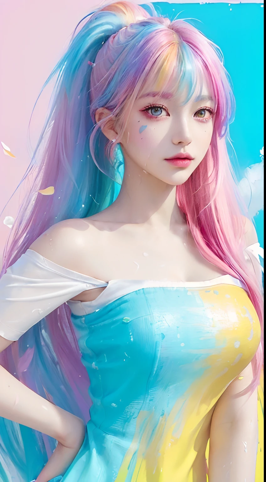 （Pink Fashion T-shirt：1.9），(Colorful hair: 1.8), (all the colours of the rainbow: 1.8),(((((vertical painting：1.6))), （painting：1.6），front, comics, illustrations, paintings, large eyes, crystal clear eyes,（ rainbow color gradient high ponytail：1.7）, exquisite makeup, closed mouth,(Small Fresh: 1.5),(Wipe Chest: 1.6) ，long eyelashes, white off shoulder T-shirt,  White Shoulder Shirt，looking at the audience, large watery eyes, (rainbow colored hair：1.6), color splash, （solo：1.8）, color splash, color explosion, thick paint style, messy lines, ((shining))，(colorful), (colorful), (colorful), colorful, Thick Paint Style, (Splash) (Color Splash), Vertical Painting, Upper Body, Paint Splash, Acrylic Pigment, Gradient, Paint, Highest Image Quality, Highest Quality, Masterpiece, Solo, Depth of Field, Face Paint,  colorful clothes, (Elegant: 1.2), gorgeous,long hair, wind, (Elegant: 1.3), (Petals: 1.4)，(((masterpiece))),(((best quality))),((ultra-detailed)),(illustration),(dynamic angle),((floating)),(paint),((disheveled hair)),(solo),(1girl) , (((detailed anima face))),((beautiful detailed face)),collar,bare shoulders,white hair, ((colorful hair)),((streaked hair)),beautiful detailed eyes,(Gradient color eyes),(((colorful eyes))),(((colorful background))),(((high saturation))),(((surrounded by colorful splashes))),