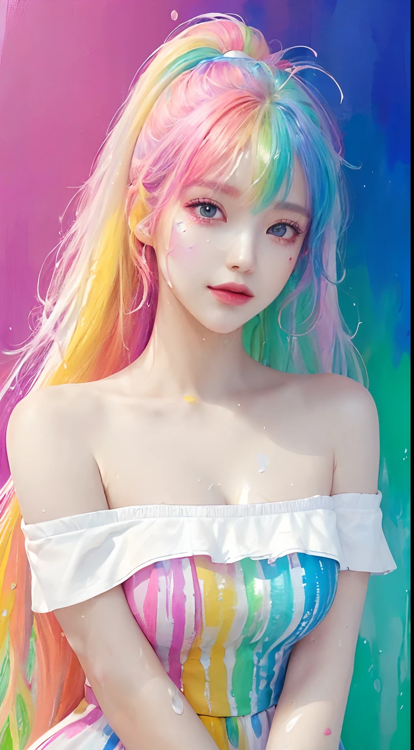 (Pink Fashion T-shirt:1.9),(Colorful hair: 1.8), (all the colours of the rainbow: 1.8),(((((vertical painting:1.6))), (painting:1.6),front, comics, illustrations, paintings, large eyes, crystal clear eyes,( rainbow color gradient high ponytail:1.7), exquisite makeup, closed mouth,(Small Fresh: 1.5),(Wipe Chest: 1.6) ,long eyelashes, white off shoulder T-shirt, White Shoulder Shirt,looking at the audience, large watery eyes, (rainbow colored hair:1.6), color splash, (solo:1.8), color splash, color explosion, thick paint style, messy lines, ((shining)),(colorful), (colorful), (colorful), colorful, Thick Paint Style, (Splash) (Color Splash), Vertical Painting, Upper Body, Paint Splash, Acrylic Pigment, Gradient, Paint, Highest Image Quality, Highest Quality, Masterpiece, Solo, Depth of Field, Face Paint, colorful clothes, (Elegant: 1.2), gorgeous,long hair, wind, (Elegant: 1.3), (Petals: 1.4),(((masterpiece))),(((best quality))),((ultra-detailed)),(illustration),(dynamic angle),((floating)),(paint),((disheveled hair)),(solo),(1girl) , (((detailed anima face))),((beautiful detailed face)),collar,bare shoulders,white hair, ((colorful hair)),((streaked hair)),beautiful detailed eyes,(Gradient color eyes),(((colorful eyes))),(((colorful background))),(((high saturation))),(((surrounded by colorful splashes))),