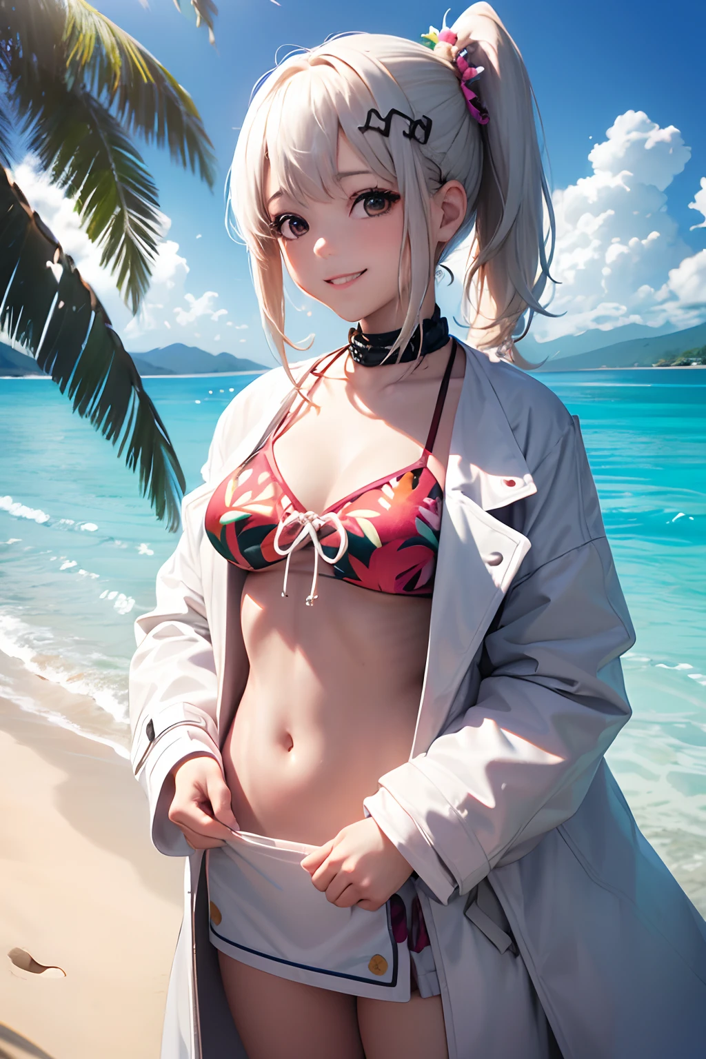 1 girl, Japanese, , White skin, Large breasts:0.5, Watching the view, (Smile:1.5),
Beautiful detailed eyes, (mid hair:1.1, Side ponytail:1.5), blond hairbl, (navel:1.1), Lower chest, Beautifulcollarbone, a baby face,
te water coat:1.5),
(all fours),
(Beautiful scenery), DAY TIME, , (Tropical beaches:1.5),
(8K, HighestQuali, tmasterpiece), Movie lighting,