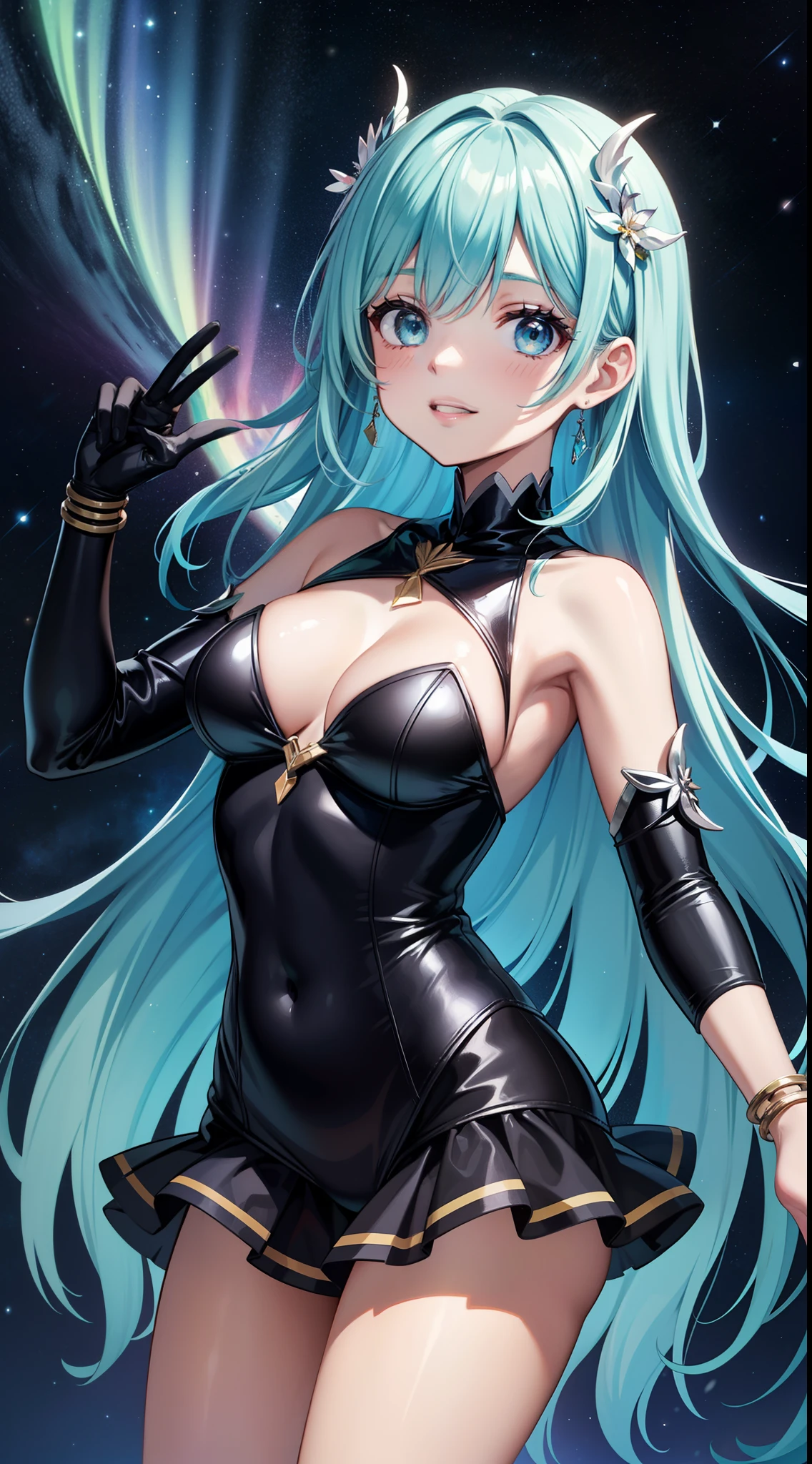 Super idol uma da beleza Um sorriso encantador cabelo preto e vermelho comprimento do cabelo bicaudal vermelho brilhante brilhante e branco e leotards azul e amarelo virado para a frente 7 cores de grandes asas de anjo nas costas mistic fantasia constellation uma lua Brilho de cristal Aurora Borealis in the Night Sky
