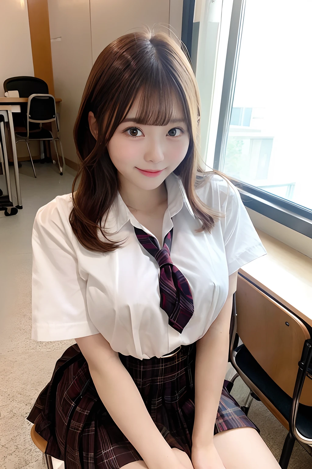 Top image quality 4K picture quality 8K picture quality Japan Beauty、huge tit、g-cup、Height 150 cm、22year old、Light brown hair bob short hair、a 、with round face、hot、with blush cheeks、sexual excitement、Cowgirl posture、Sitting on a chair in a classroom、Wearing a school uniform、big breasts thin waist、skinny legs、Looking up at me、Being in a high school classroom、There is a window in the back where the setting sun comes in.