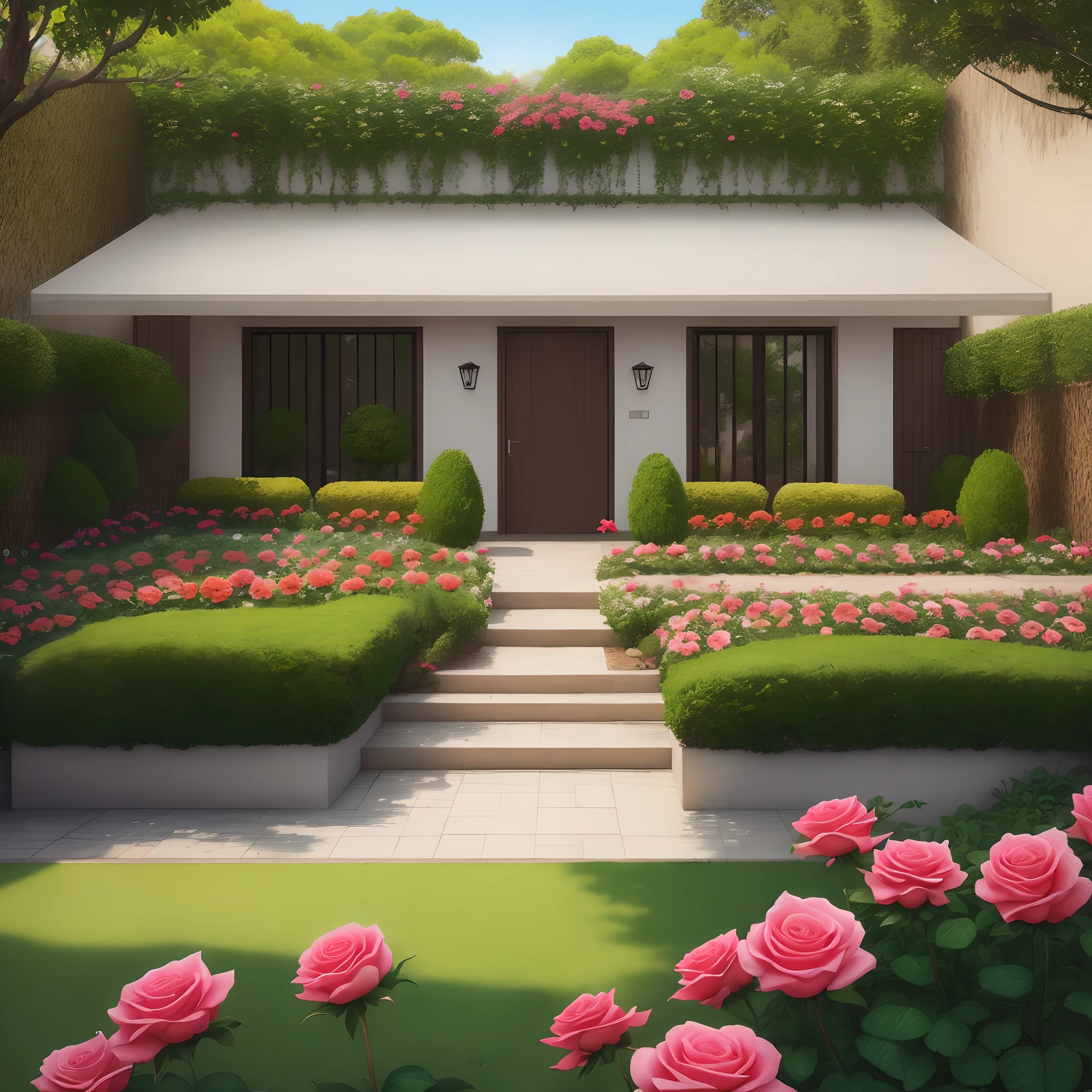 Lindo dia de sol, com um jardim de rosas orvalhadas.