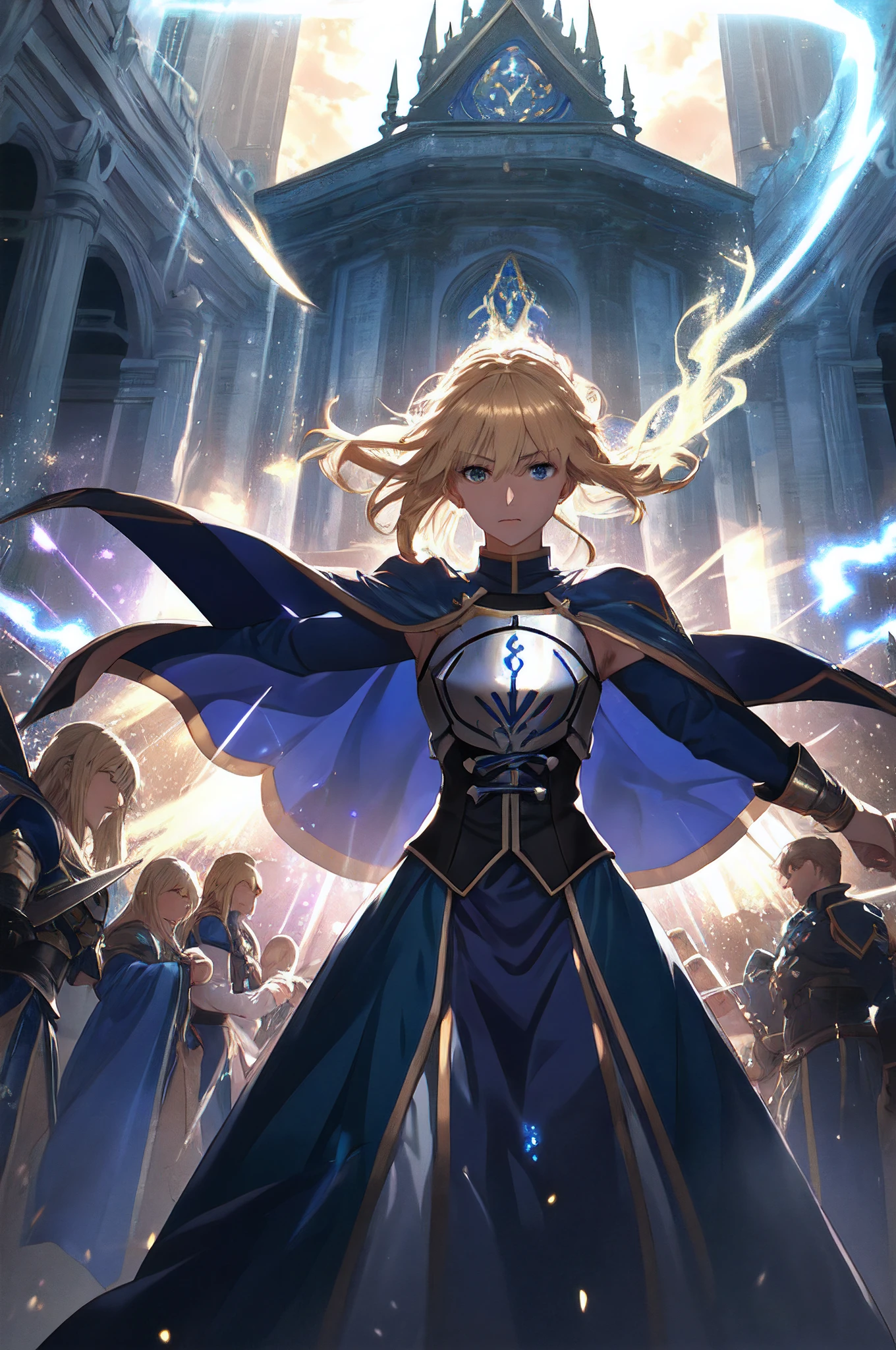 (best quality:1.2, ultra-detailed, realistic:1.37), artoria pendragon, exhaling blue magical breath, holding the Excalibur with both hands in an authoritative grip, golden hair flowing in the wind, intense battle aura emanating from her, confident and determined expression, shining blue eyes with a hint of magic, wearing a stunning suit of armor, intricate engravings on the armor, battle-worn with scratches and dents, intricate chainmail protecting her body, vibrant blue cloak flowing behind her, surrounded by a fierce battle scenario, debris of destroyed enemy weapons and armor scattered on the ground, epic clash between heroes and monstrous adversaries, dramatic lighting casting long shadows, sparks flying in the air, magical energy crackling around Artoria, engulfed in a mix of blue and gold light, summoning her noble phantasm, towering mountains in the background, dark stormy clouds symbolizing the intensity of the battle, epic and majestic atmosphere, summoning Excalibur's ultimate power, large energy wave surging from the sword, creating shockwaves that shatter the ground, dark magical energies intertwining with the bright aura of Excalibur, creating a breathtaking and dynamic scene.