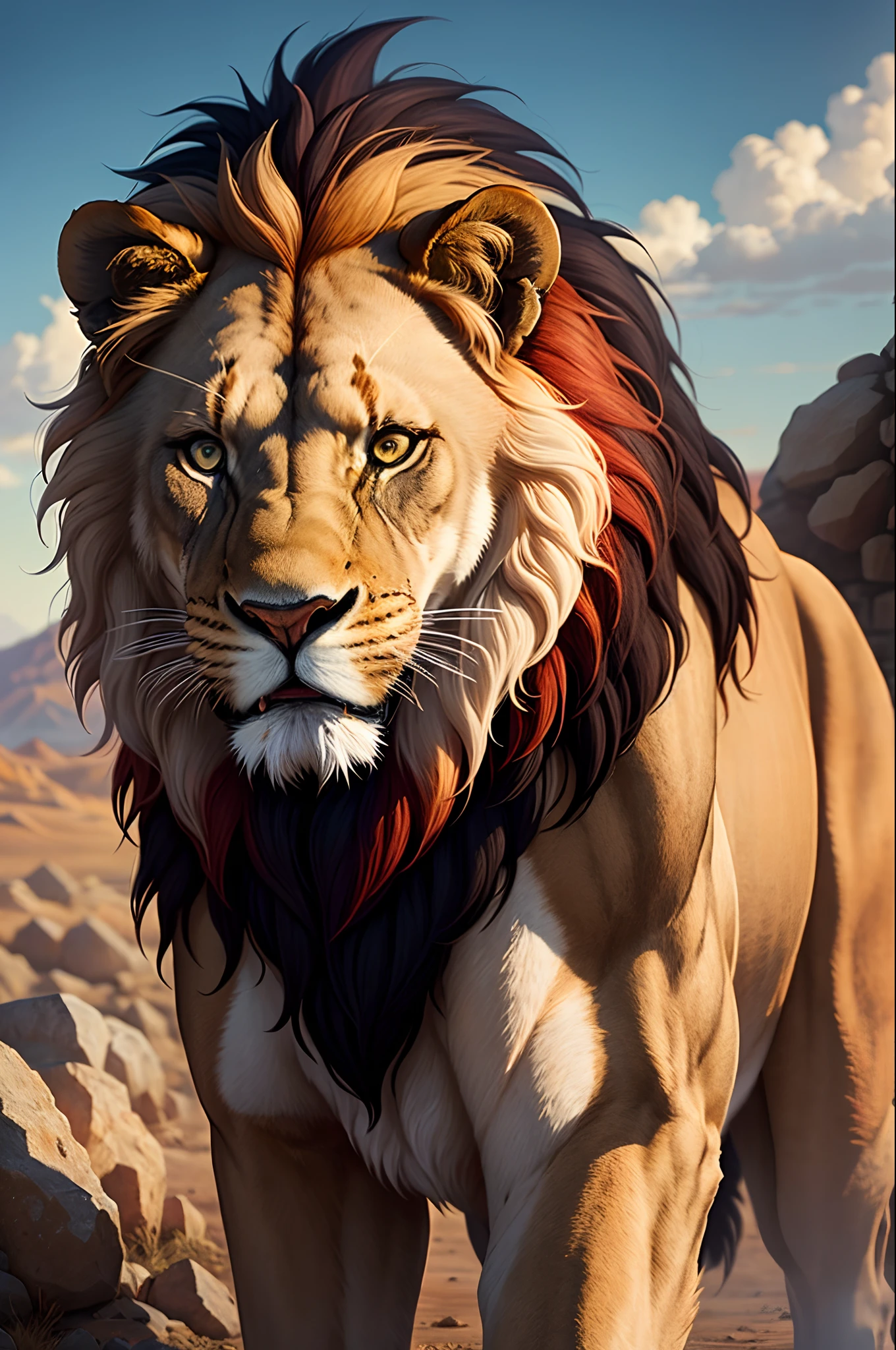 A majestic and regal lion, its golden mane flowing in the wind as it prowls through the tall grass of the savannah. In the distance, the setting sun paints the sky in shades of fiery orange and deep purple, casting a warm and welcoming glow across the African landscape.