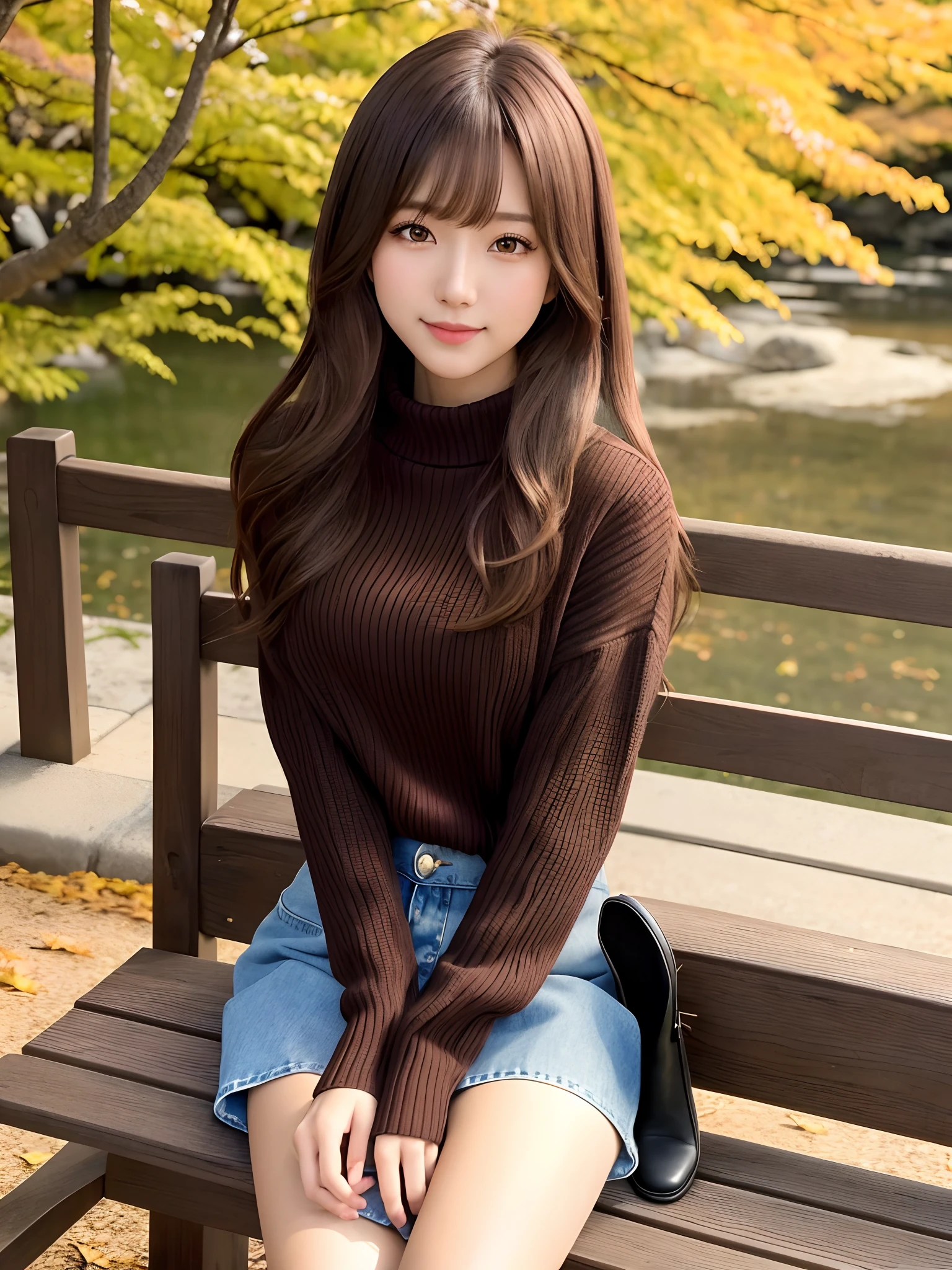 mastepiece, 1 girl per 1 photo, cowboy shot, front view, a Japanese young pretty girl, long bob hair, sitting on a wooden bench along the colorful autumn leaves in Japan, a big smile, wearing a dark brown knitted cardigan over a white turtleneck sweater, wearing jeans skirt, wearing black leather long boots, hyper cute face, glossy lips, double eyelids for both eyes, natural makeup, shiny smooth light brown hair of long bob hair, asymmetrical bangs, high resolution, high detail, detailed hairstyle, detailed face, cinematic lighting, octane rendering, hyper realistic, perfect limbs, perfect anatomy
