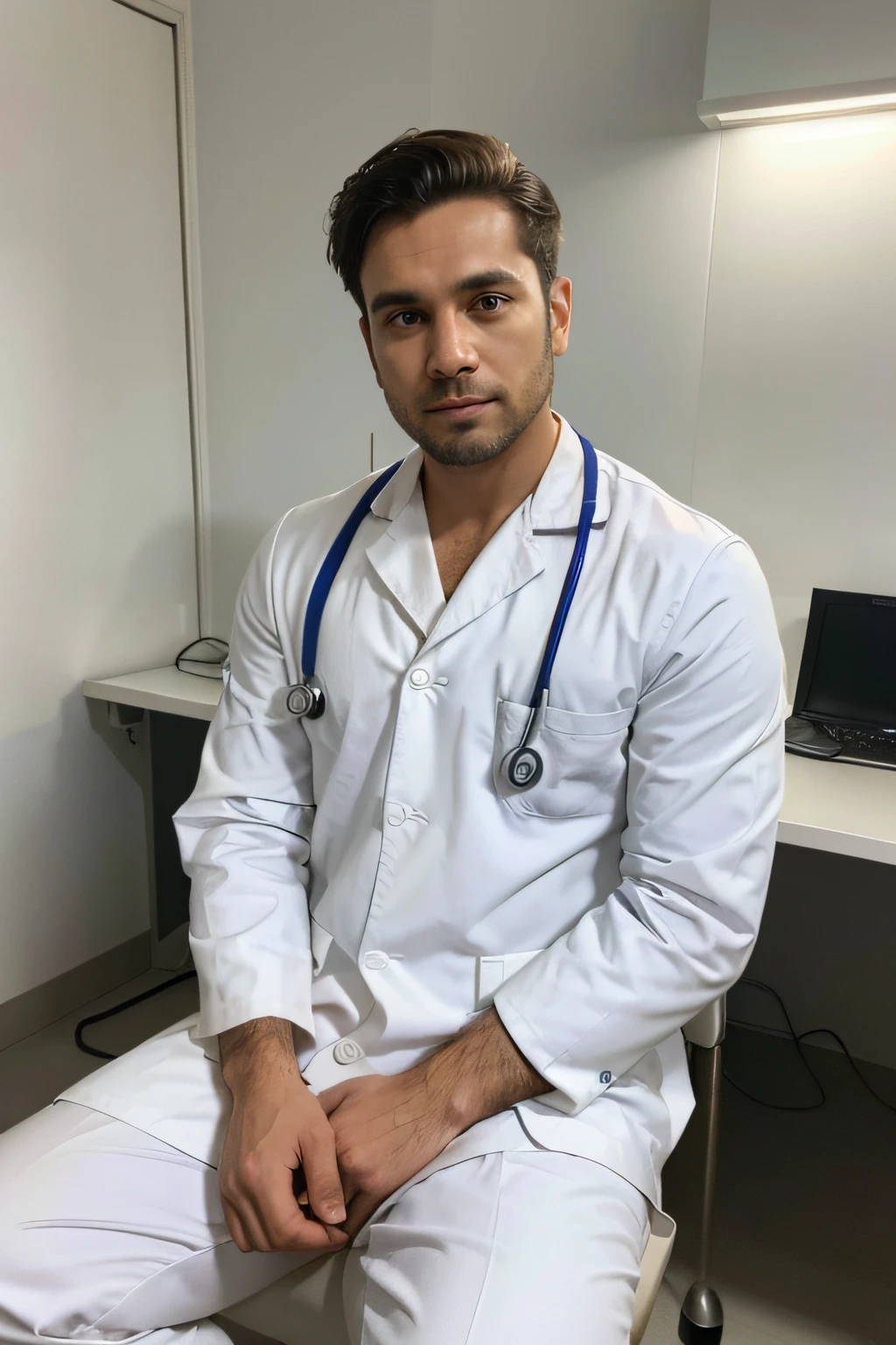 Homem de terno branco e gravata sentado em uma mesa, foto de um homem, sitting at desk, wearing a medical suit, foto corporativa, homem bonito, retrato profissional hd, wearing white doctors suit, sentado em uma mesa, uma foto de um homem, foto de perfil profissional, homem atraente, sitting behind desk, barba