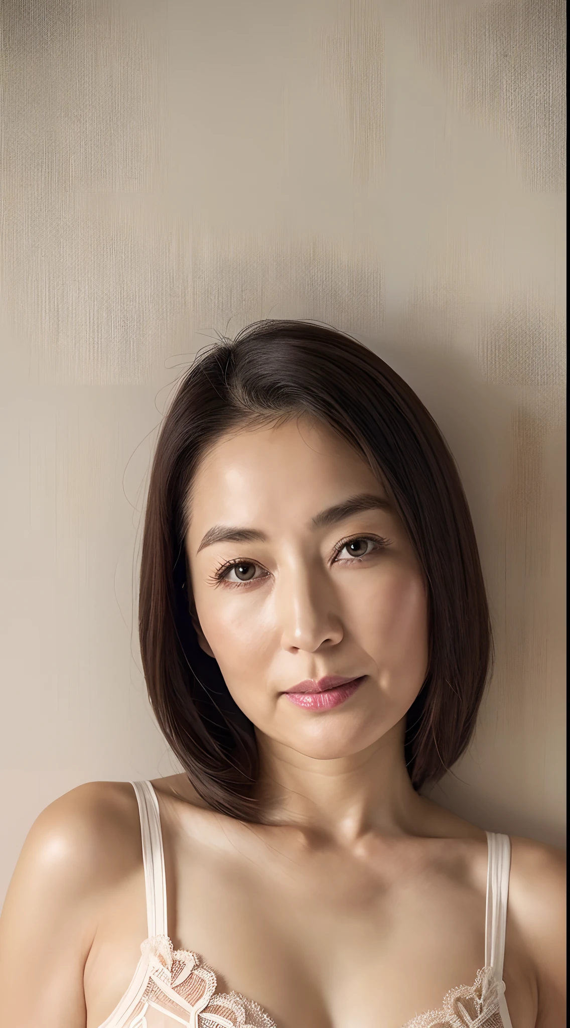 Sharpen, Flat color background, ((up of face:1.3)), gravure, masutepiece, Best Quality, Ultra-detailed, Photorealistic, super detailed skin, Perfect Anatomy, (1 japanese mature woman), (Solo), 90 years old, panties on, bra very, Keep your mouth tightly closed, Large breasts, Mature AV Actress, glamor, A sexy, Chromo-white skin, Looking at Viewer,