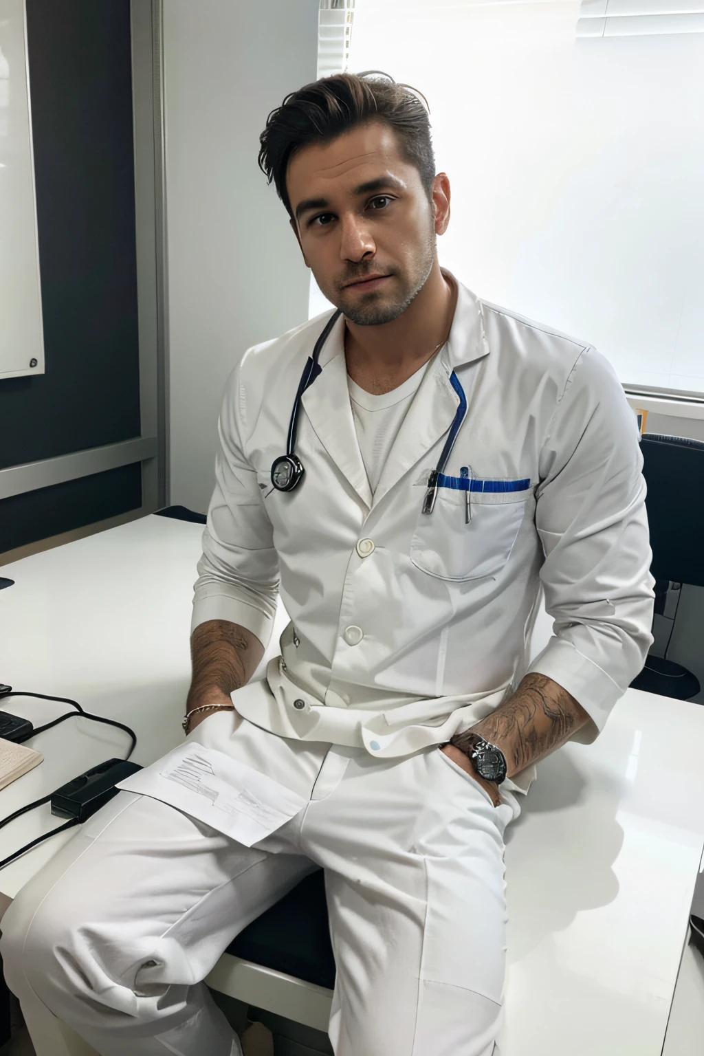 Homem de terno branco e gravata sentado em uma mesa, foto de um homem, sitting at desk, wearing a medical suit, foto corporativa, homem bonito, retrato profissional hd, wearing white doctors suit, sentado em uma mesa, uma foto de um homem, foto de perfil profissional, homem atraente, sitting behind desk, barba