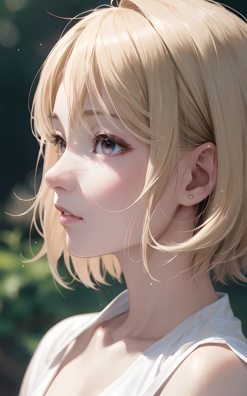 (profile), (style of ayami Kojima), nudist, Haruno Sakura, blonde hair, pink eyes, bobcut, perfect face, realistic, lifelike, lip gloss, messy hair, blushing, sparkling eyes, dynamic motion, motion lines, milk on face, blouse, mascara