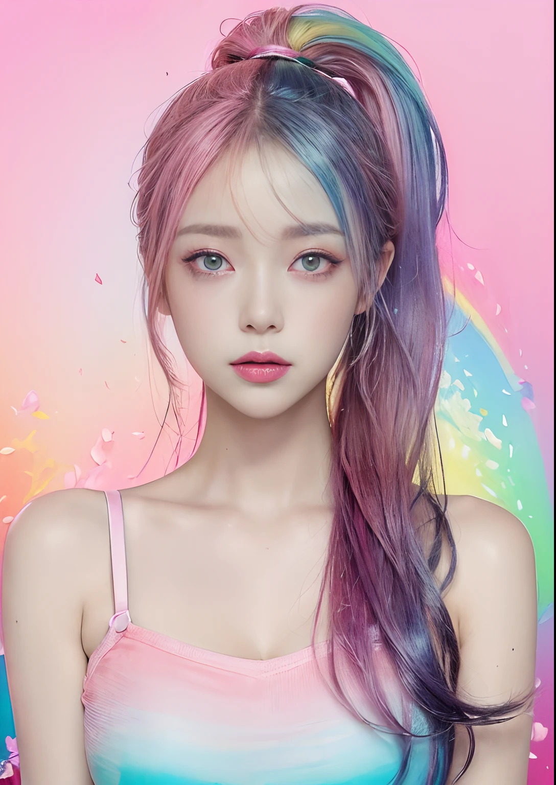 (Pink fashion T-shirt:1.9)、(colourful hair:1.8)、(all the colours of the rainbow:1.8)、((((Vertical Painting:1.6)))、(Painterly:1.6)、frontage、comic strip、illustratio、Painterly、big eye、Sheer eyes、(Iridescent gradient high ponytail:1.7)、Exquisite makeup、Mouth closed、(Small fresh:1.5)、(Wipe Chest:1.6)、long eyeslashes、White off-the-shoulder T-shirt、White shoulder shirt、looking at the spectator、Large watery eyes、(rainbow-colored hair:1.6)、 color splashes, (独奏:1.8), color splashes, Color explosion, Thick paint style, Messy lines, ((Shines)), (colourfull), (colourfull), colourfull, colourfull, Chic paint style, (Splash) (color splashes), Vertical Painting, The upper part of the body, Paint splashes, Acrylic Pigment, gradients, paint, Top image quality, Top image quality, ​masterpiece, 独奏, depth of fields, facepaint, colourful clothes, (elegent: 1.2), Gorgeous,length hair, the wind, (elegent: 1.3), (flower petals:1.4)、(((​masterpiece)))、(((top-quality)))、((ultra-detailliert))、(illustratio)、(dynamic ungle)、((Planktonic))、(paint)、((dishevled hair))、(独奏)、(1girl in)、((Detailed anima face)))、((beautifull detailed face))、collars、bare shoulders​、white  hair、((colourful hair))、(((striated hair))、beatiful detailed eyes、(Gradient color eyes)、(((Colorful eyes))))、(colorful backdrop))))、((((a high chroma))))、(((Surrounded by colorful splashes)))、 information