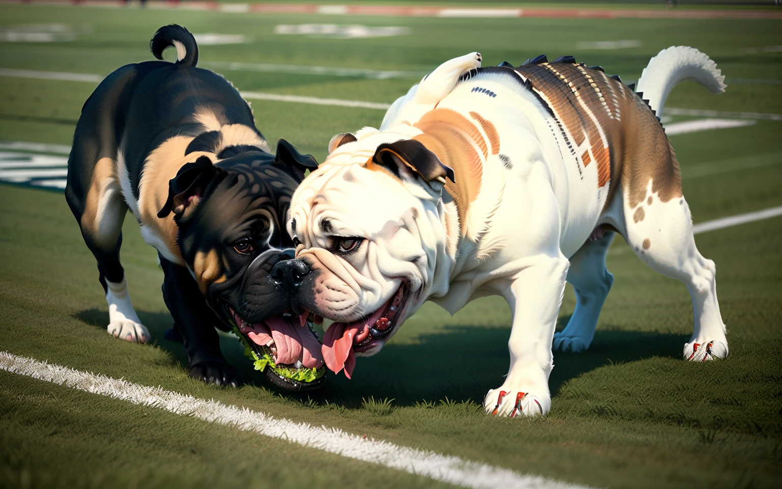 Bulldog eating alligator football field