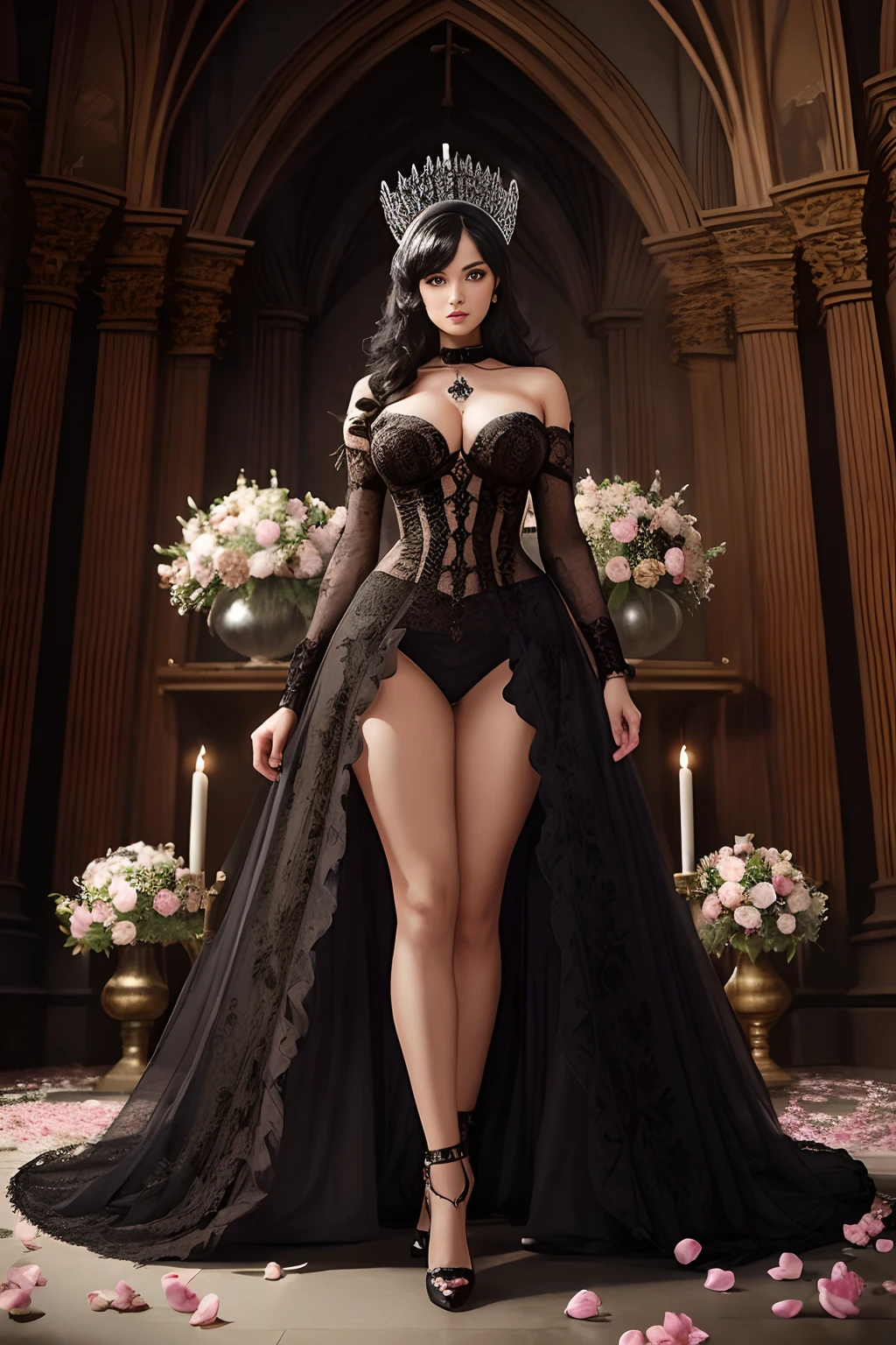 beautifully lit, intricate details, sexy, large boobs, gothic woman with black hair, tanned skin, gothic church background, hyperrealistic, gothic vibes, Betsey Johnson floral Christian Louboutin high-concept editorial photoshoot, by Matsumoto Taiyo, by irakli nadar, surrounded by black and white roses and magnolias, wealth and luxury, hyperdetailed, --ar 1:2 --s 1000 --c 50