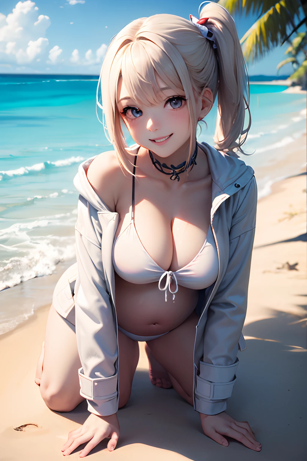 1 girl, Japanese, , White skin, Large breasts:0.5, Watching the view, (Smile:1.5),
Beautiful detailed eyes, (mid hair:1.1, Side ponytail:1.5), blond hairbl, (navel:1.1), Lower chest, Beautifulcollarbone, a baby face,
te water coat:1.5),
(all fours),
(Beautiful scenery), DAY TIME, , (Tropical beaches:1.5),
(8K, HighestQuali, tmasterpiece), Movie lighting,pregnant women with