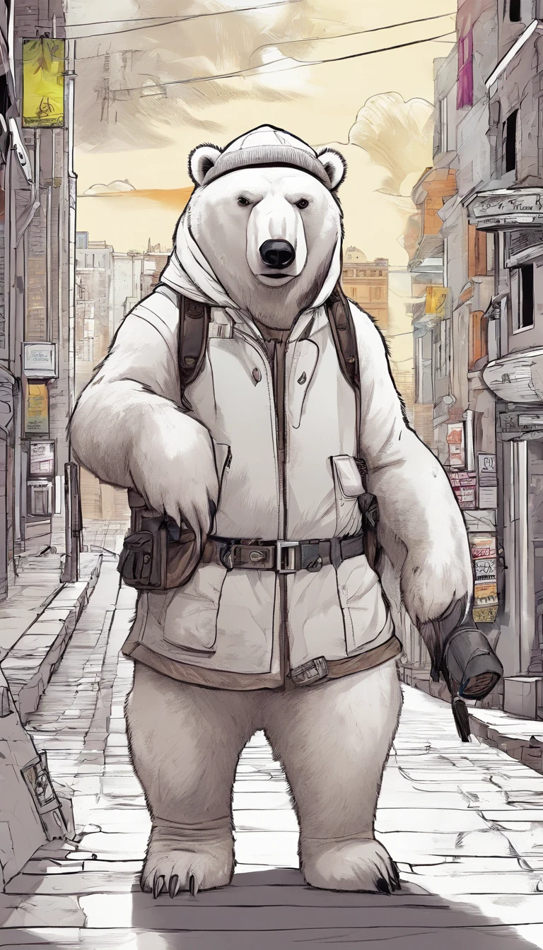Image of a polar bear wearing a hat and scarf, With a shotgun in his paw，trends in art station，Wear punk clothes，Ultra-realistic photographic art，Urban style，intimidating pose，Planet of polar bears，fashionable attire，urbansamurai，Polar bears，Wear a work cap，Navigate the city
