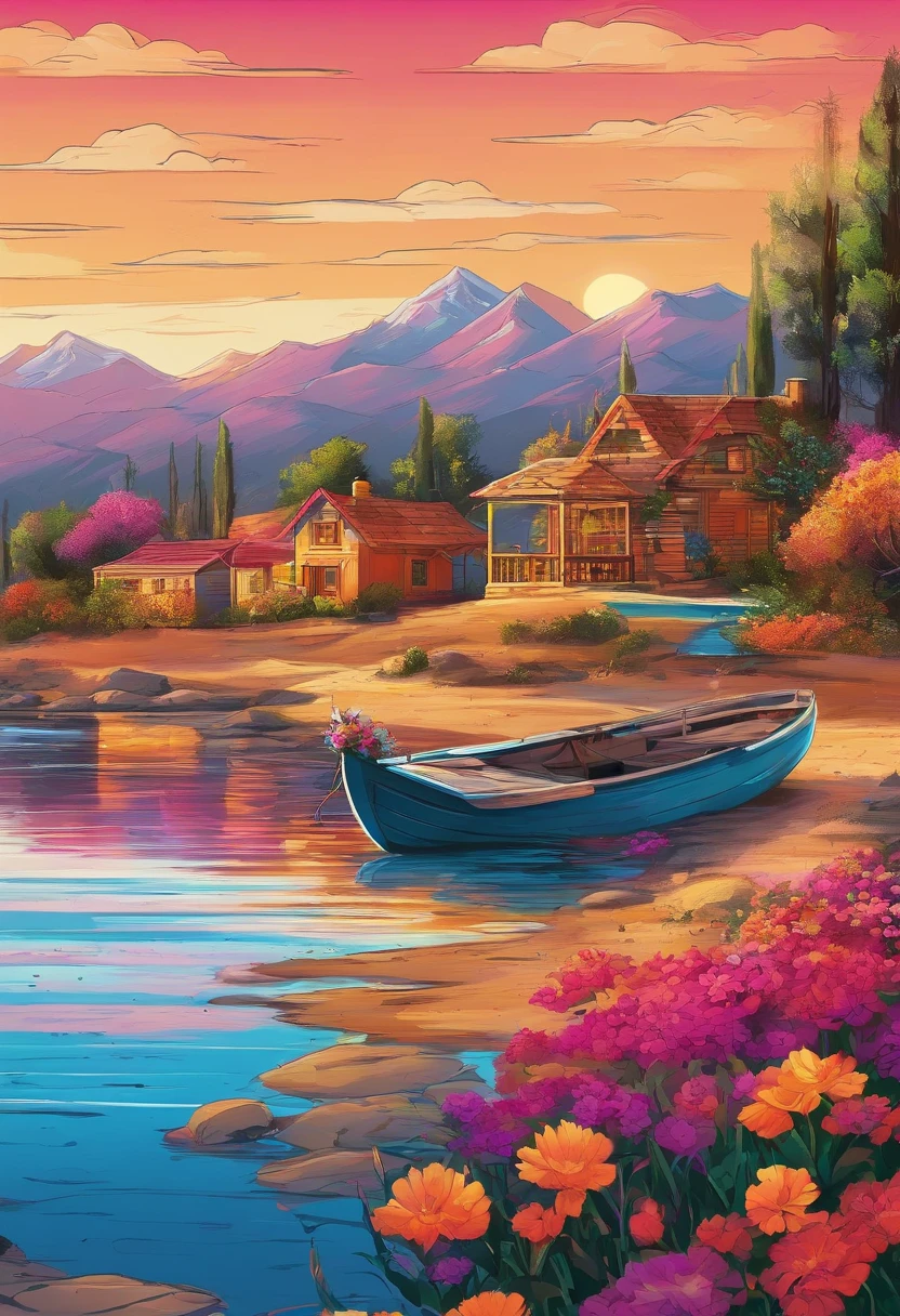 Painting at the cottage, Flowers beside the fence, Fence along the road, Mountain landscape with lake and boat, Illustration Matte Painting, inspired by Thomas Kinkade, symmetric matte painting, Detailed scenery , style raw, 8K Ultra Detail, environment design illustration, scenery art detailed, seaside view, concept-art, 4K highly detailed digital art, 4 k digital painting, 4 k digital painting, stunning digital illustration, desert background, digital painting concept art, Detailed digital painting