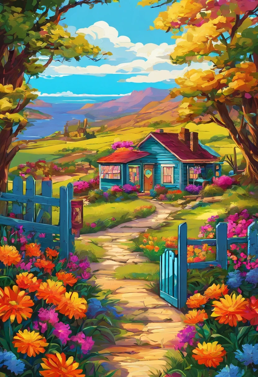 Painting at the cottage, Flowers beside the fence, Fence along the road, Mountain landscape with lake and boat, Illustration Matte Painting, inspired by Thomas Kinkade, symmetric matte painting, Detailed scenery , style raw, 8K Ultra Detail, environment design illustration, scenery art detailed, seaside view, concept-art, 4K highly detailed digital art, 4 k digital painting, 4 k digital painting, stunning digital illustration, desert background, digital painting concept art, Detailed digital painting