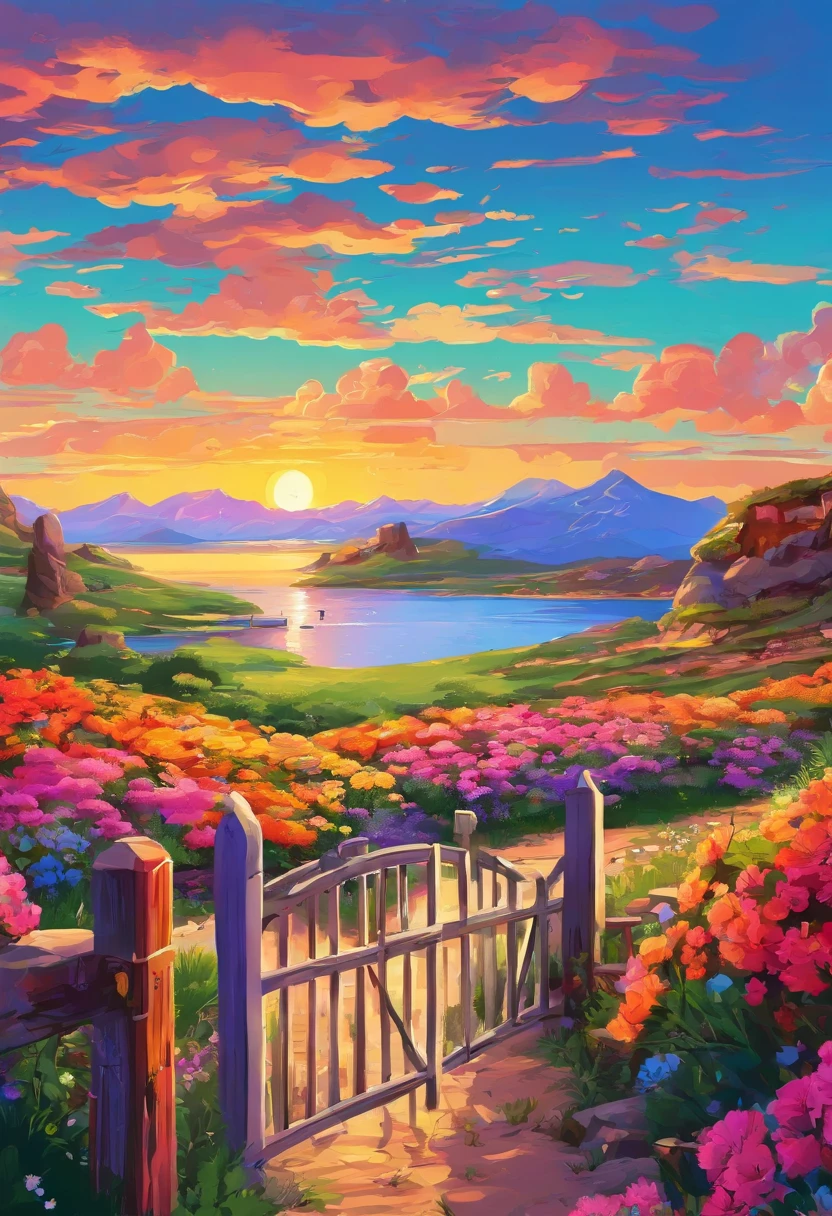 Painting at the cottage, Flowers beside the fence, Fence along the road, Mountain landscape with lake and boat, Illustration Matte Painting, inspired by Thomas Kinkade, symmetric matte painting, Detailed scenery , style raw, 8K Ultra Detail, environment design illustration, scenery art detailed, seaside view, concept-art, 4K highly detailed digital art, 4 k digital painting, 4 k digital painting, stunning digital illustration, desert background, digital painting concept art, Detailed digital painting
