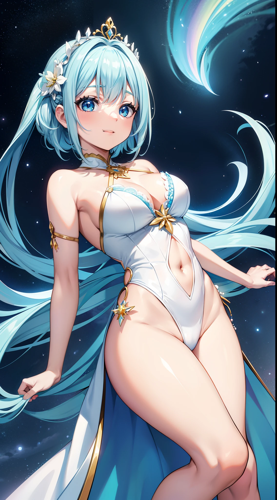 Super idol　uma menina da beleza　Um sorriso encantador　cabelo branco　comprimento do cabelo　bicaudal　azul brilhante brilhante e branco e leotards azul e amarelo　virado para a frente　7 cores de grandes asas de anjo nas costas　mistic　fantasia　constellation　uma lua　Brilho de cristal　Aurora Borealis in the Night Sky