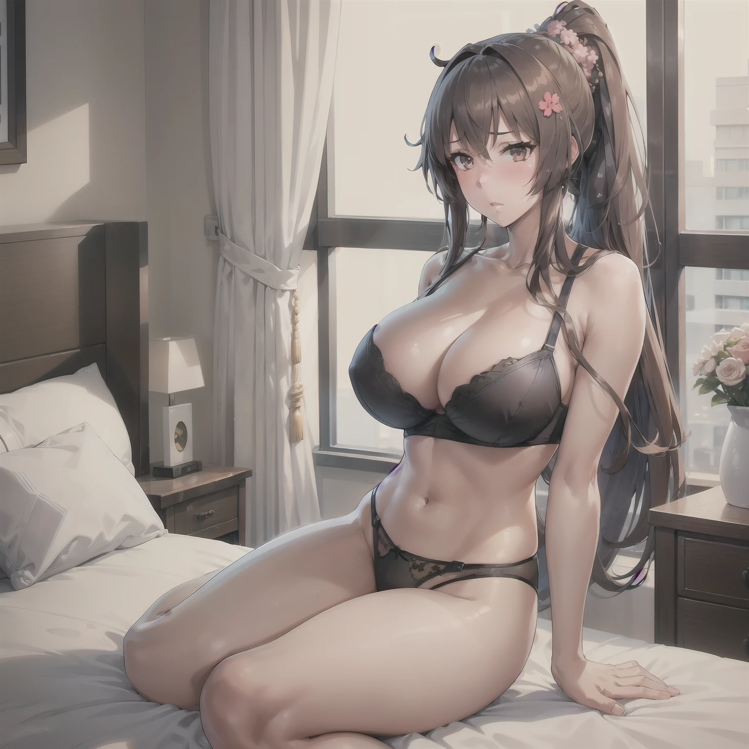 1girl,big breasts,hotel room,(8k),scratches,detailed face,brown hair,brown eyes,long hair,embarassed,shy,blush, high_res, high_definition,sexy pose,black sexy lingerie,full body,ponytail,hair ornament,