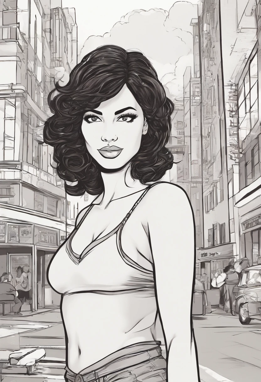 there is a woman with long hair standing in a parking lot, 30-year-old woman from cuba, sgorgeous woman that looks likedoja cat, long curly hair, ☁🌪🌙👩🏾, she is wearing a black tank top underneath an off shoulder beige sweater , black hair, black long curly hair, young black woman, milf, voluptuous body, thick thighs, big breasts