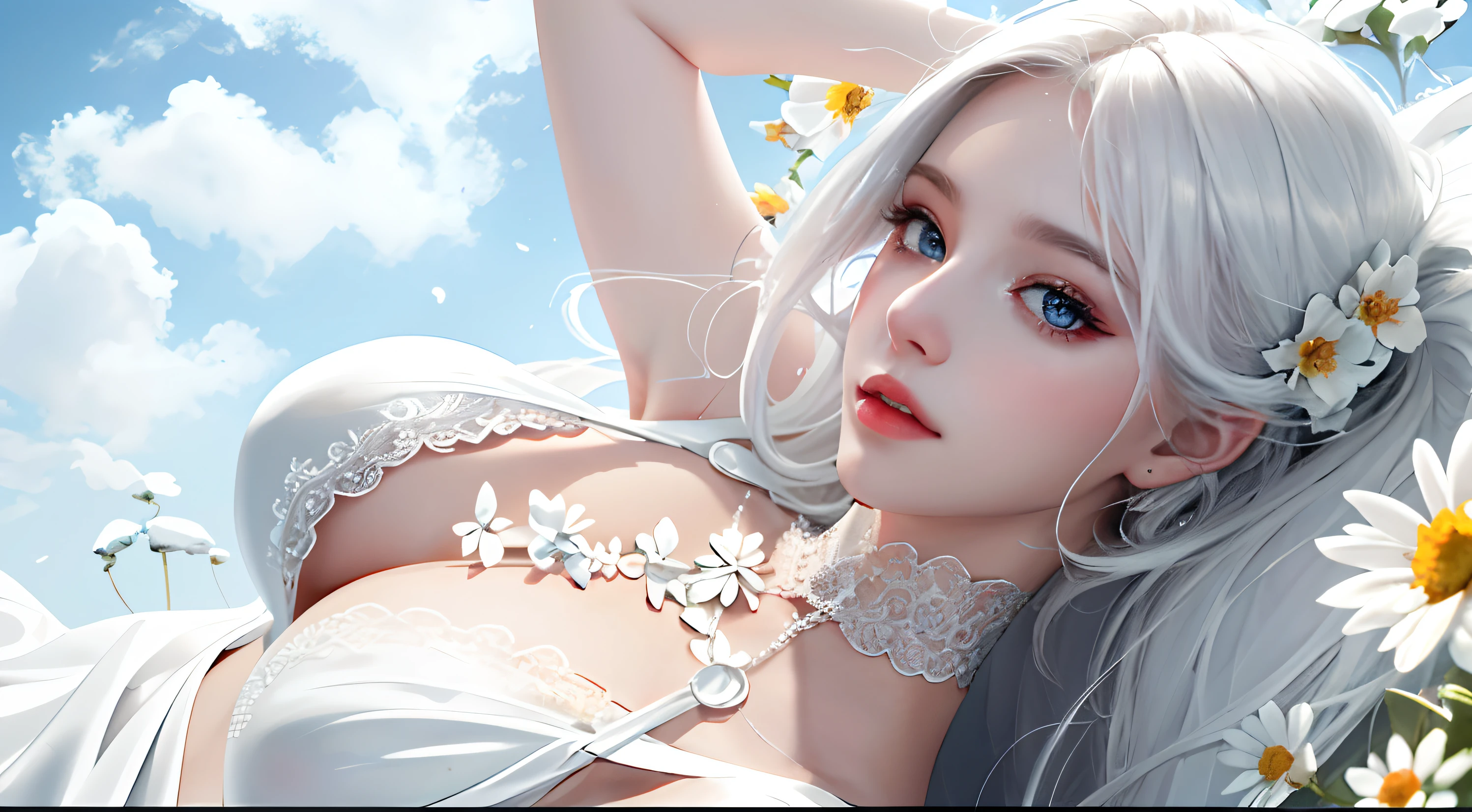 8K high-definition，Look down from above，A sea of flowers，A variety of beautiful wildflowers，realistic visual effects，attractive beautiful，​​clouds，White clouds fill the sky，Gentle lighting，Delicate warmth，the soft light，hyper HD， Extremely colorful，best qualityer，perfect female shape，HighDynamicRange，long eyelasher，Unbeatable masterpiece，Snow-whiteskin，putting makeup on， Sexy goddess，Strange sky，A pair of big eyes are beautiful and moving，White skin，Makeup，Sexy outfit，，Sexy goddess，Sexy outfit，Wear white lace，With silver，