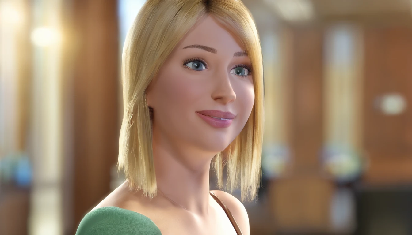 attractive young woman, in her early 20s, large ass, medium sized chest, wears an office-style outfit, pretty lips, natural blonde hair, smiling, long eyelashes, beautiful blue eyes, 3D rendering of, Best quality, full body