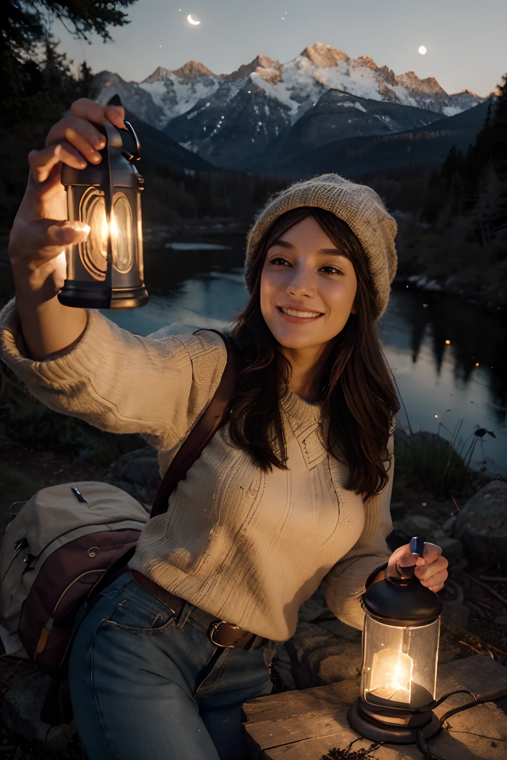 1 woman ((upper body selfie, happy)), masterpiece, best quality, ultra-detailed, ground, outdoor, (night), mountains, nature, (stars, moon) cheerful, happy, backpack, bag sleeping, camping stove, water bottle, mountain boots, gloves, sweater, hat, lantern, forest, stones, river, wood, smoke, shadows, contrast, clear sky, style, (warm hue, warm tone)