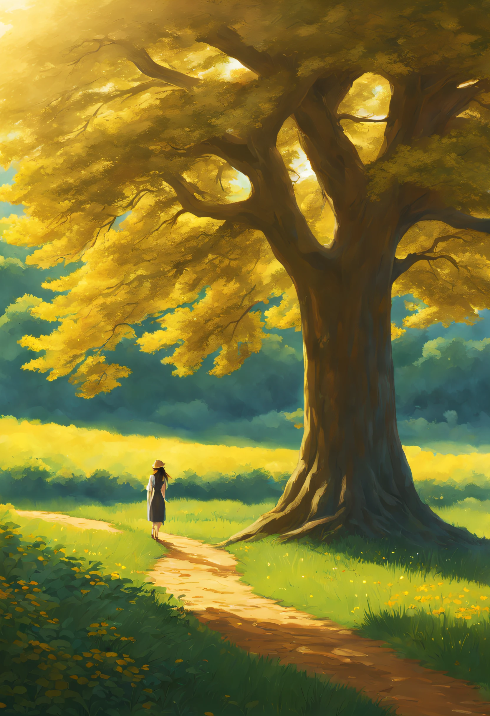 Uma paisagem exuberante se estende diante dos olhos, Where golden fields gently ripple under the warm embrace of the sun. In the shade of majestic trees, um riacho serpenteia, reflecting the deep blue sky. The sounds of nature dance in the air, enquanto aves cantam melodias alegres, Creating a Scene of Peace and Renewal, that echoes the reunion and hope of Genesis 43. imagem estilo anime