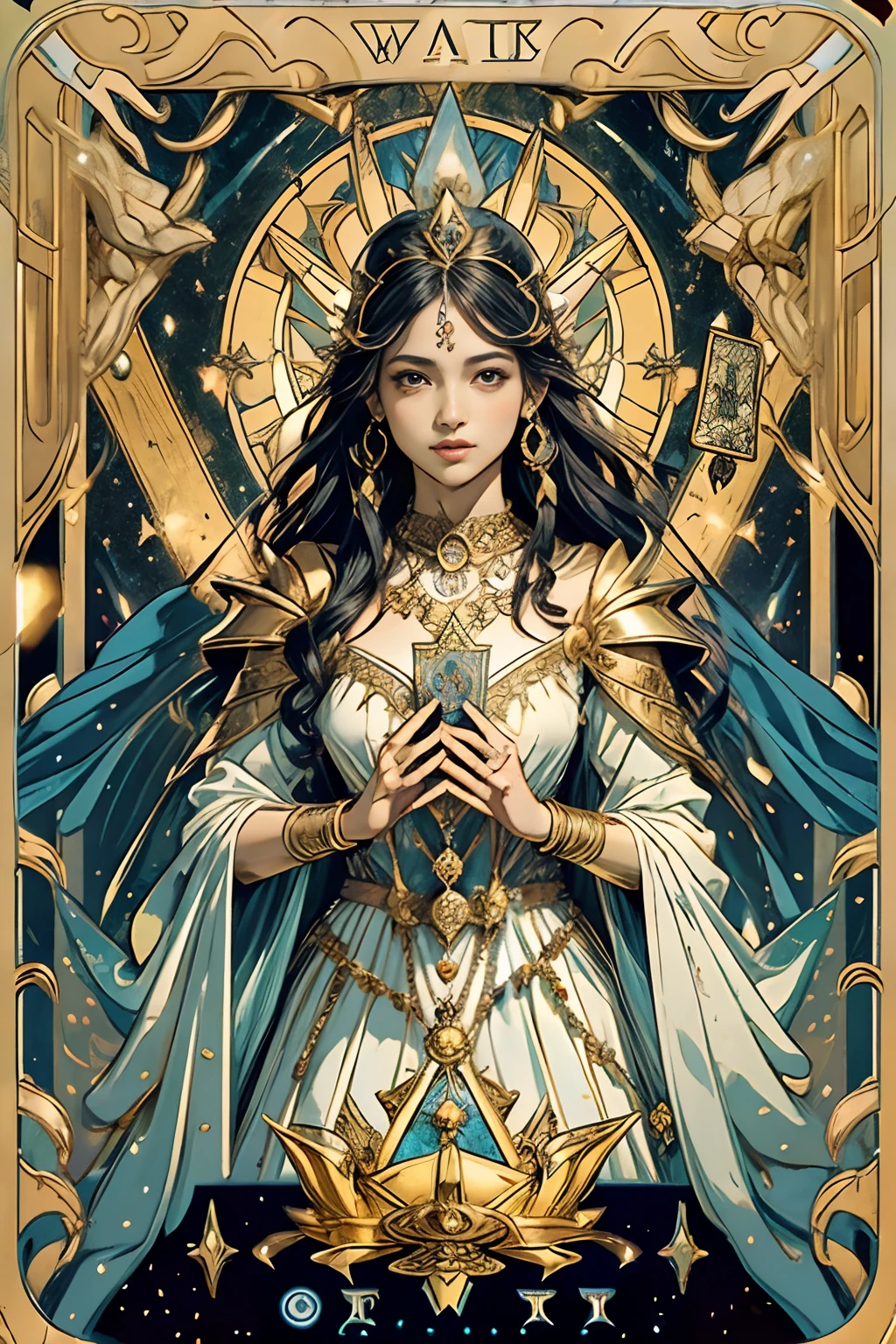 tarot cards，Full tarot border，（best images quality），（Extremely detailed description），1girll，Crown on head，Dressed in ancient fairy costumes，Scepter in hand，（full bodyesbian），（Very perfect body），（Very detailed and perfect facial depiction），Blue starry sky，（Very large moon close-up），As estrelas（glitters），garments（blingbling）， (The image is surrounded by a tarot card-style border:1.5)，（tmasterpiece），（Brilliant results），（8k wallpaper），mito，Fantasy theme，ultra-realistic realism，realisticlying，（zentangle，datura，Tangles，entangled），holy rays，gold foil，Gold leaf art，glitter drawing