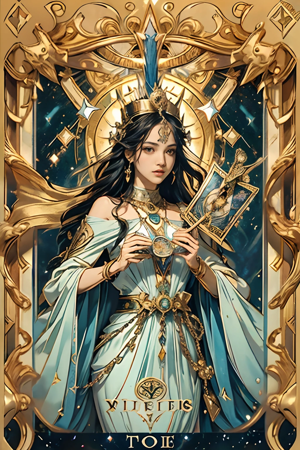 tarot cards，Full tarot border，（best images quality），（Extremely detailed description），1girll，Crown on head，Dressed in ancient fairy costumes，Scepter in hand，（full bodyesbian），（Very perfect body），（Very detailed and perfect facial depiction），Blue starry sky，（Very large moon close-up），As estrelas（glitters），garments（blingbling）， (The image is surrounded by a tarot card-style border:1.5)，（tmasterpiece），（Brilliant results），（8k wallpaper），mito，Fantasy theme，ultra-realistic realism，realisticlying，（zentangle，datura，Tangles，entangled），holy rays，gold foil，Gold leaf art，glitter drawing