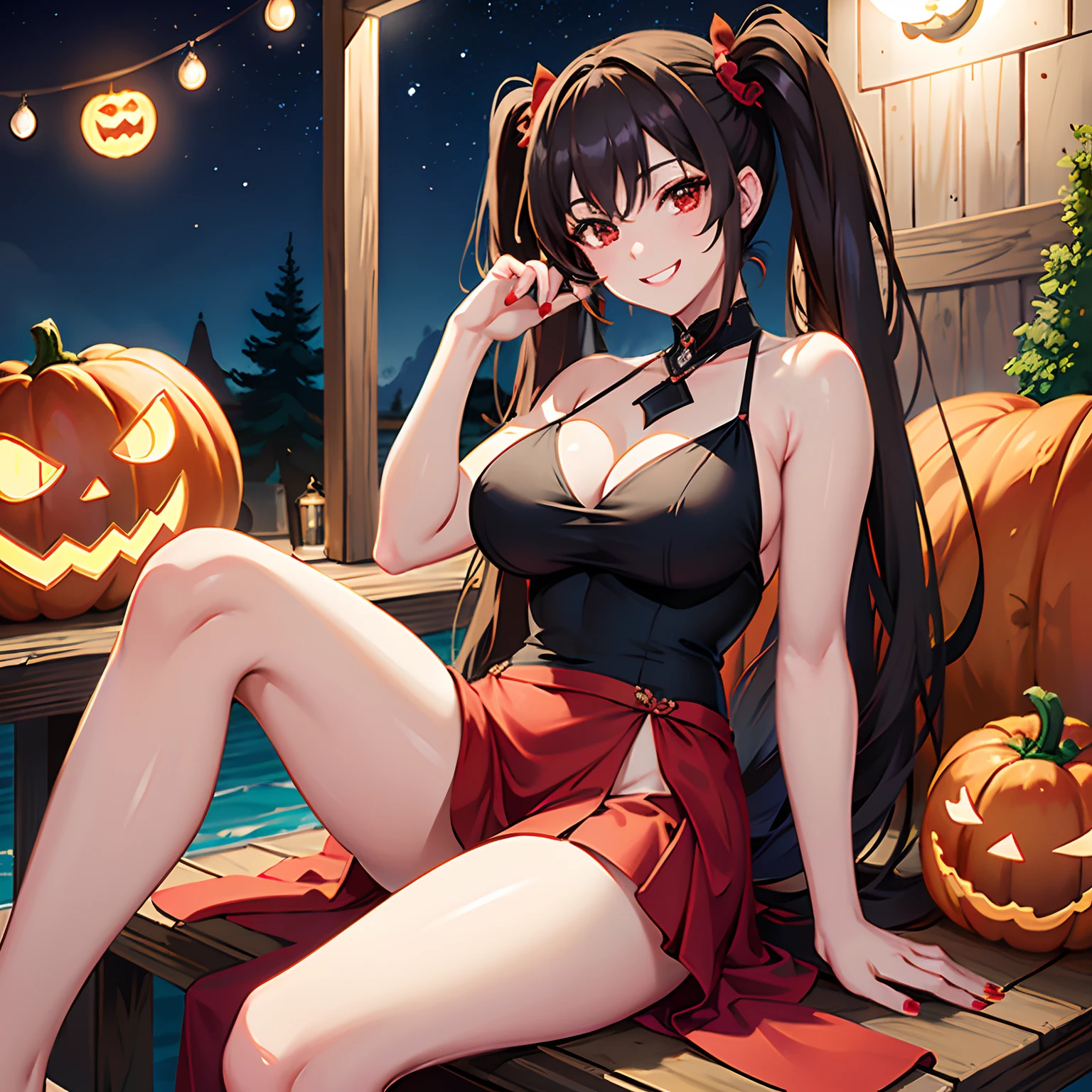 8k, highres, ultra detailed, (masterpiece:1.4), 1girl , bare arms , bare shoulders , brown hair , grin , hand up , jack-o'-lantern , large breasts , nail polish , night sky , outdoors , red eyes , red nails , sitting , sky , sleeveless dress , smile , solo , thighs , twintails